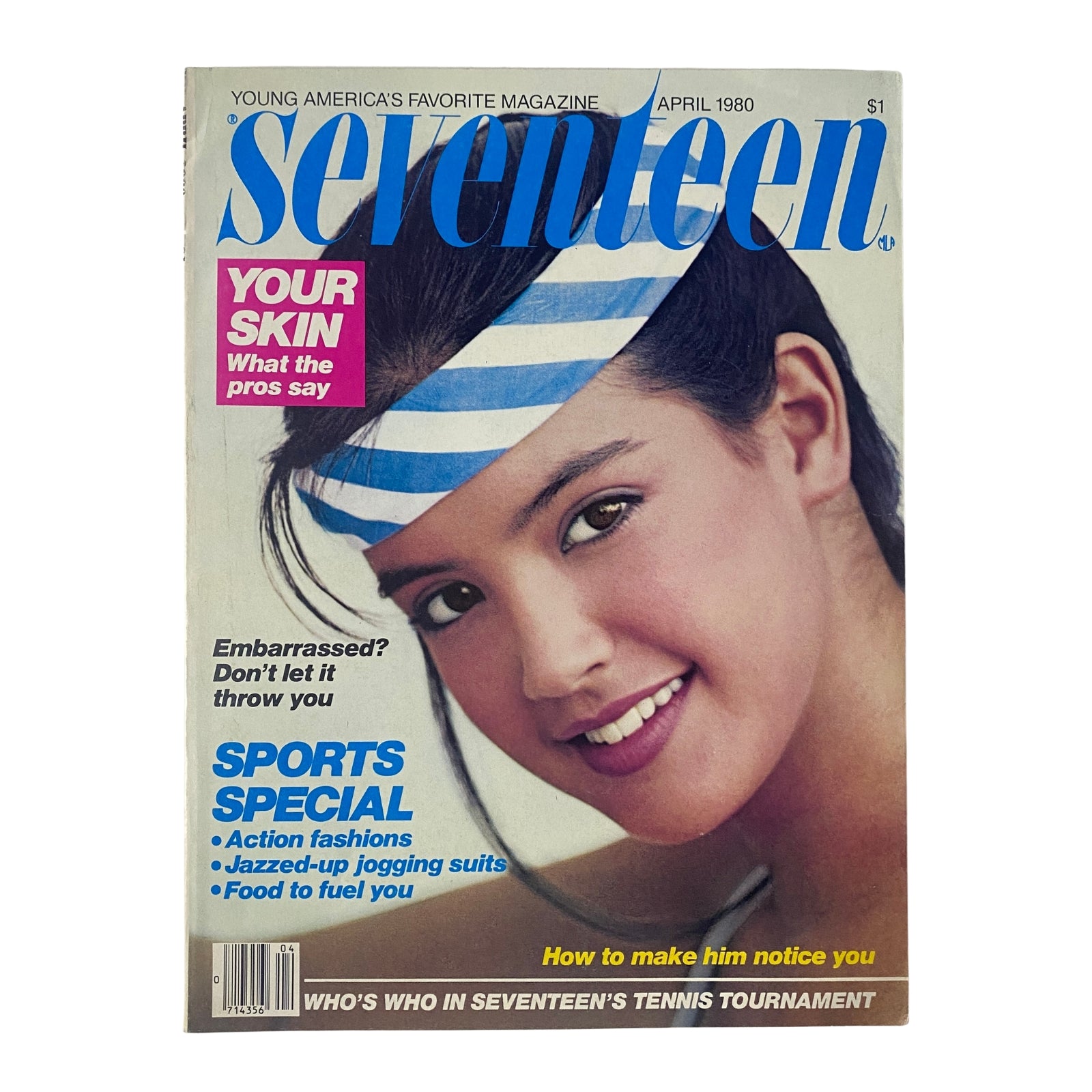 Cover of Seventeen Magazine April 1980 featuring a young girl with a stylish headband and makeup, highlighting the article 'How to Make Him Notice You'. The cover features themes on sports fashion, skincare, and relationship advice.