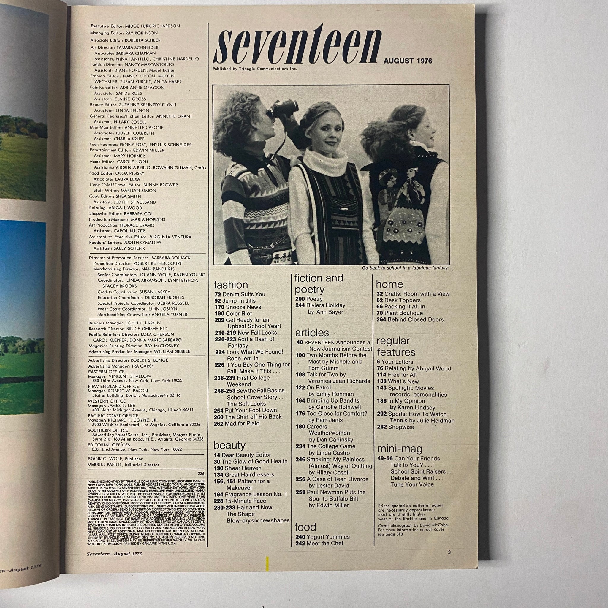 Interior page of Seventeen Magazine August 1976 featuring the Table of Contents, highlighting sections on fashion, beauty, articles, and regular features.