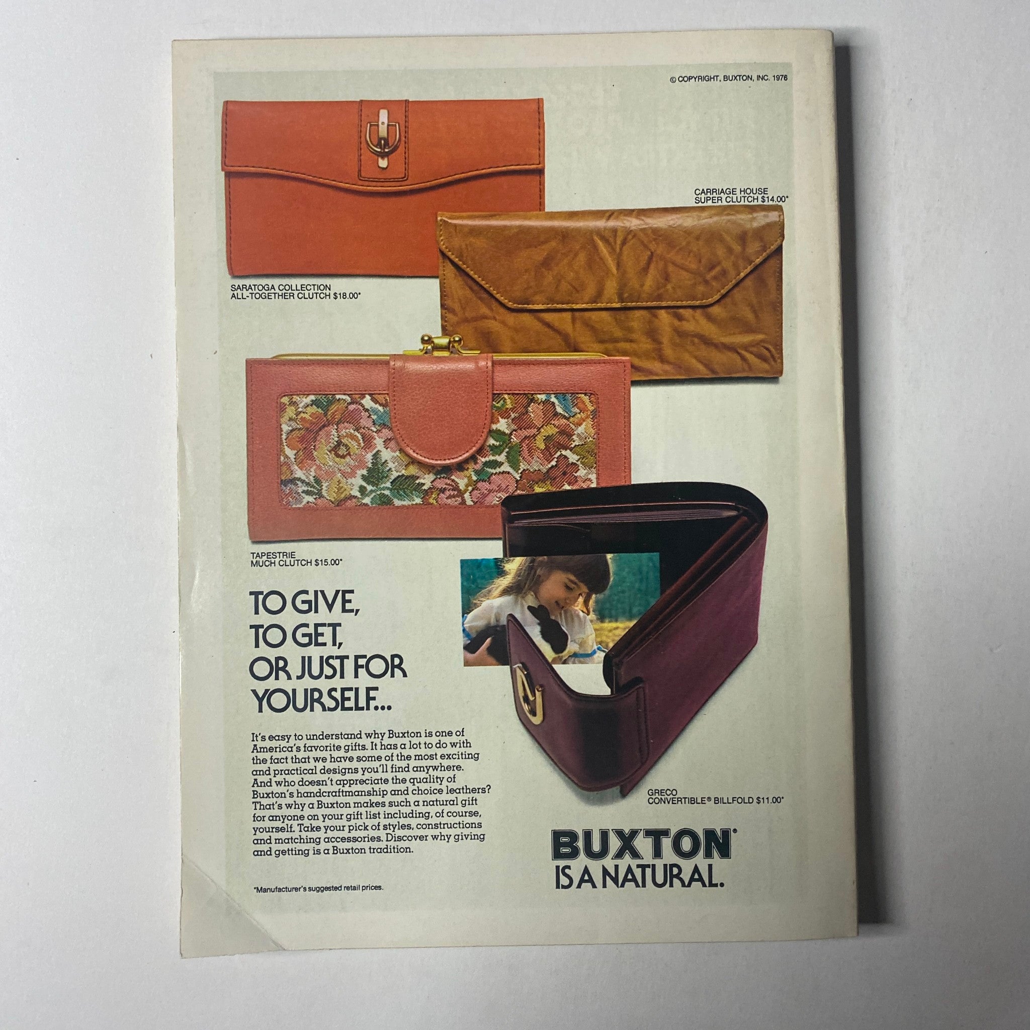 Back cover of Seventeen Magazine August 1976 showcasing a Buxton advertisement for wallets and purses, with a tagline about gifting oneself.