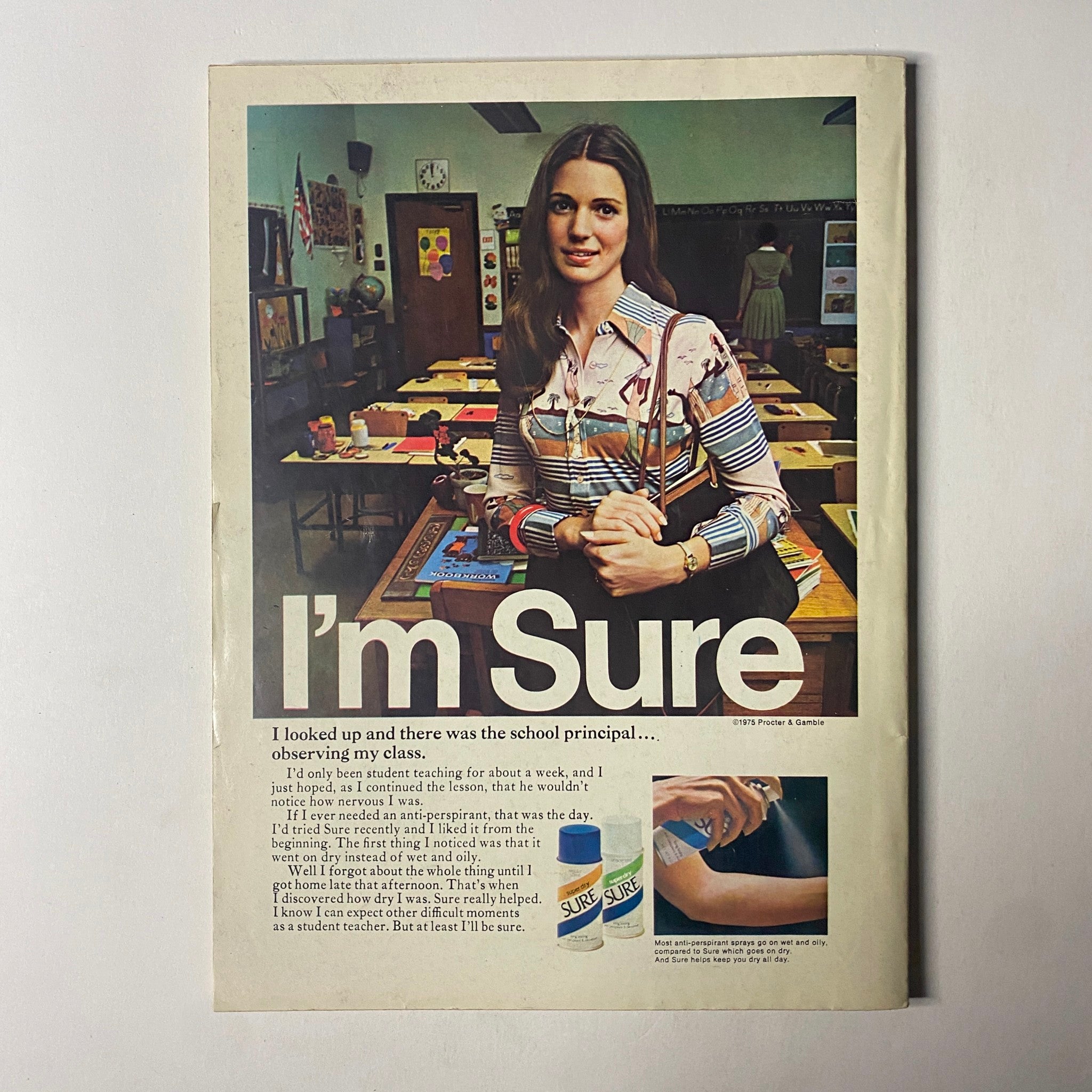 An advertisement from Seventeen Magazine June 1977 showcasing 'I'm Sure' with a young woman in a classroom setting. The image emphasizes a vintage illustration style and the theme of self-confidence.