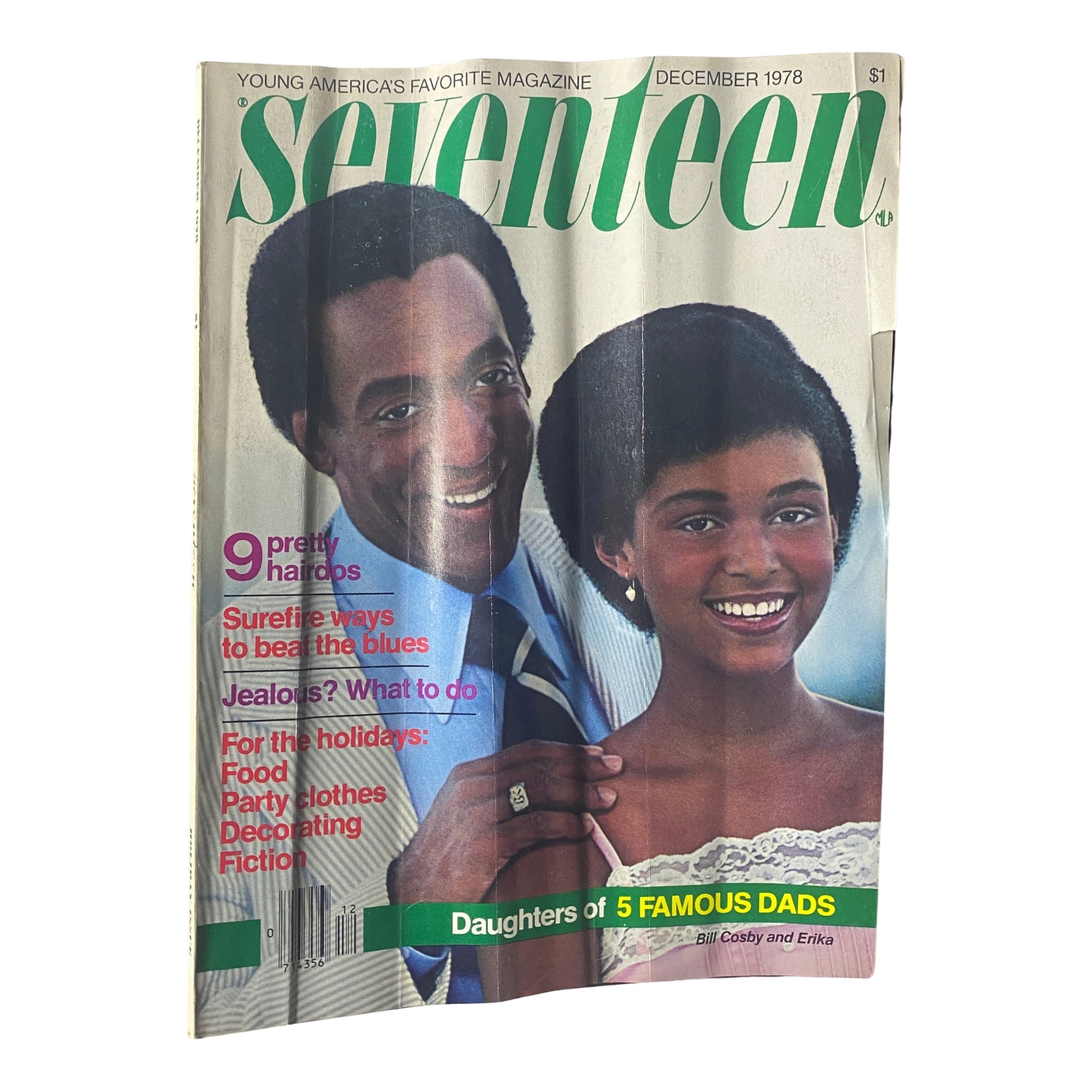 Cover of Seventeen Magazine December 1978 featuring Bill Cosby and his daughter Erika Cosby, highlighting holiday-themed content and hairstyles.