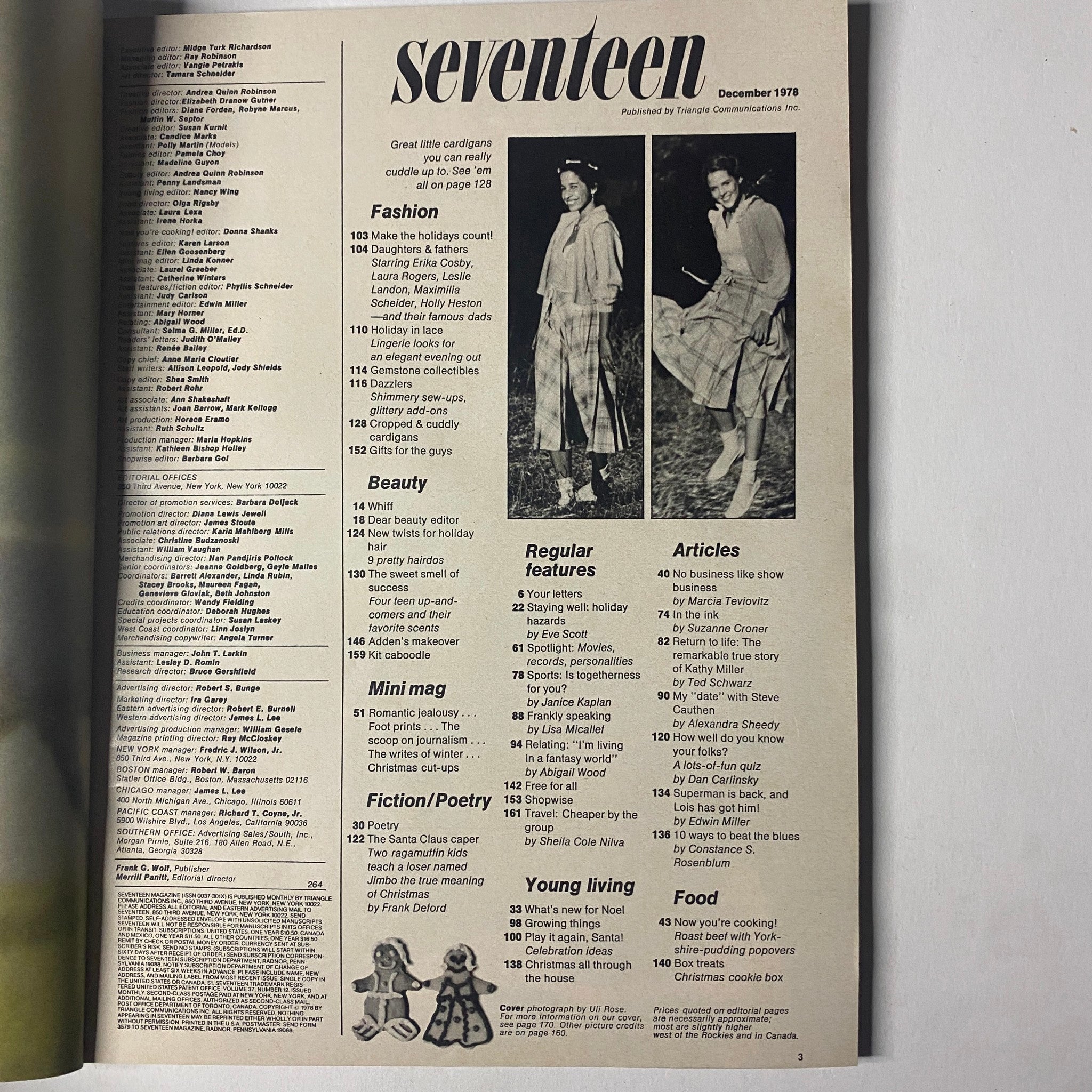 Table of contents from Seventeen Magazine December 1978, detailing features on fashion, beauty, and articles, including contributions from notable personalities.