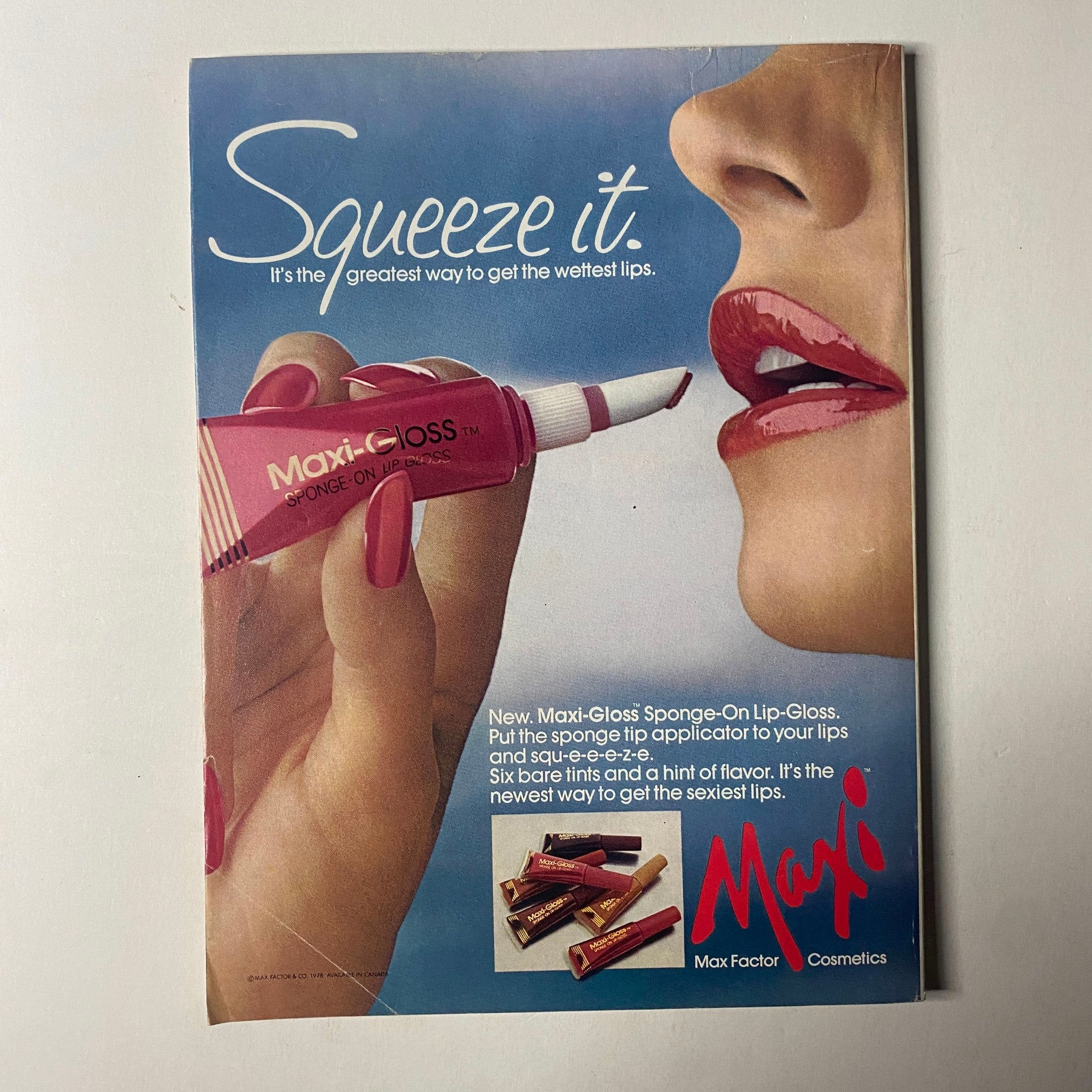 Advertisement for Maxi-Factor's Maxi-Gloss in Seventeen Magazine April 1979, promoting the lip gloss applicator for vibrant lips.