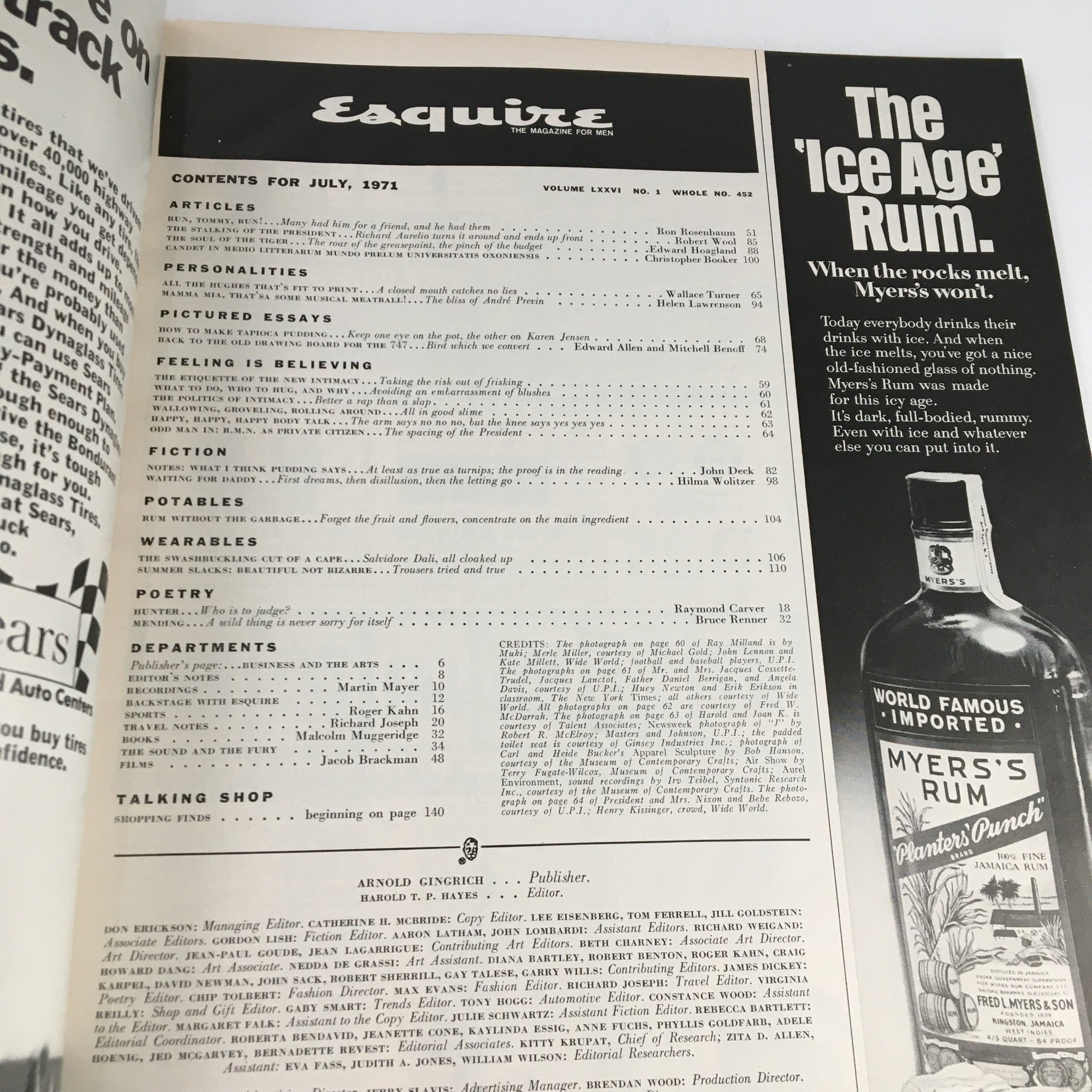 Contents page of Esquire Magazine July 1971, showcasing various articles and sections including 'Personalities', 'Potables', and 'Poetry'.