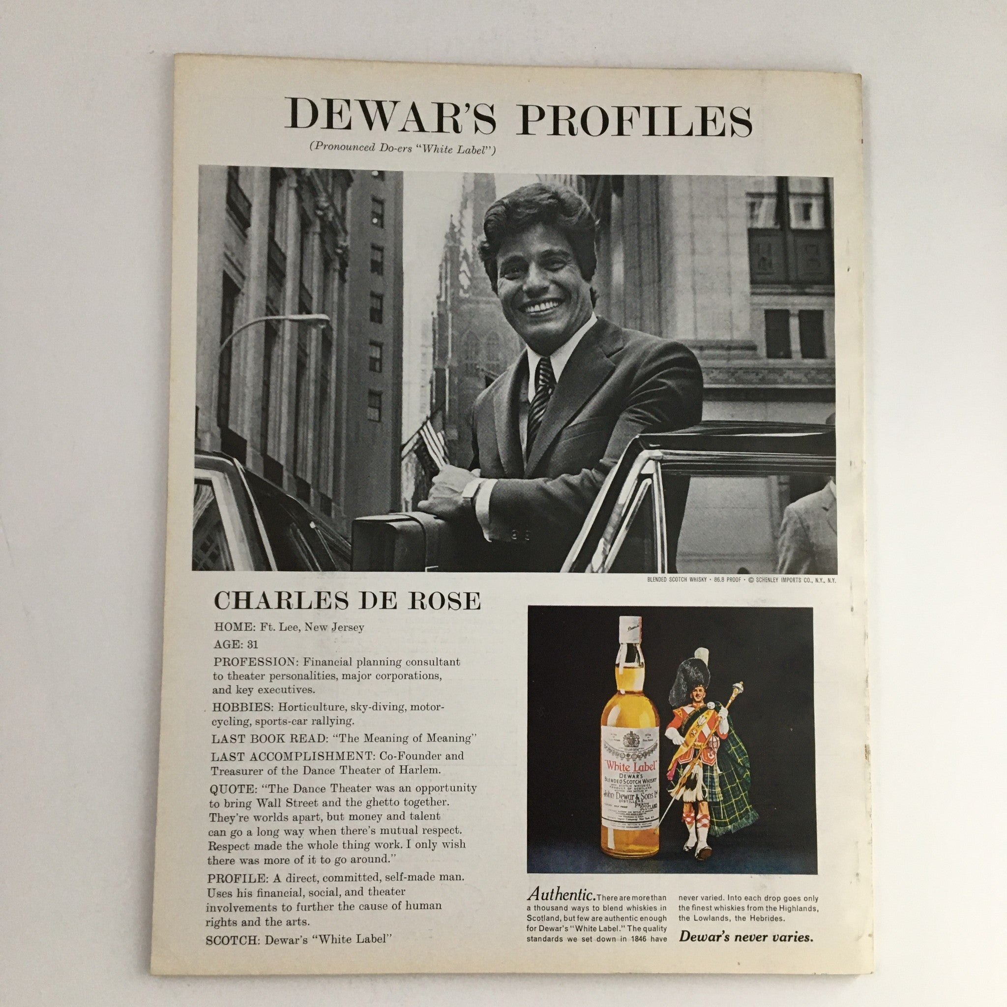 Profile page from Esquire Magazine July 1971 featuring an advertisement for Dewar's Profiles, showcasing Charles De Rose and his achievements.