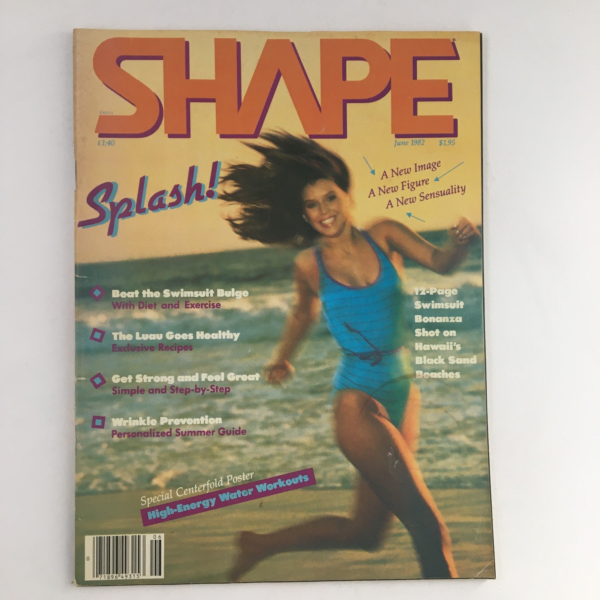 Shape Magazine June 1982 cover featuring a smiling woman running along the beach, promoting high-energy water workouts. The cover highlights articles on diet, exercise, and health, making it a collector's item for fitness enthusiasts.
