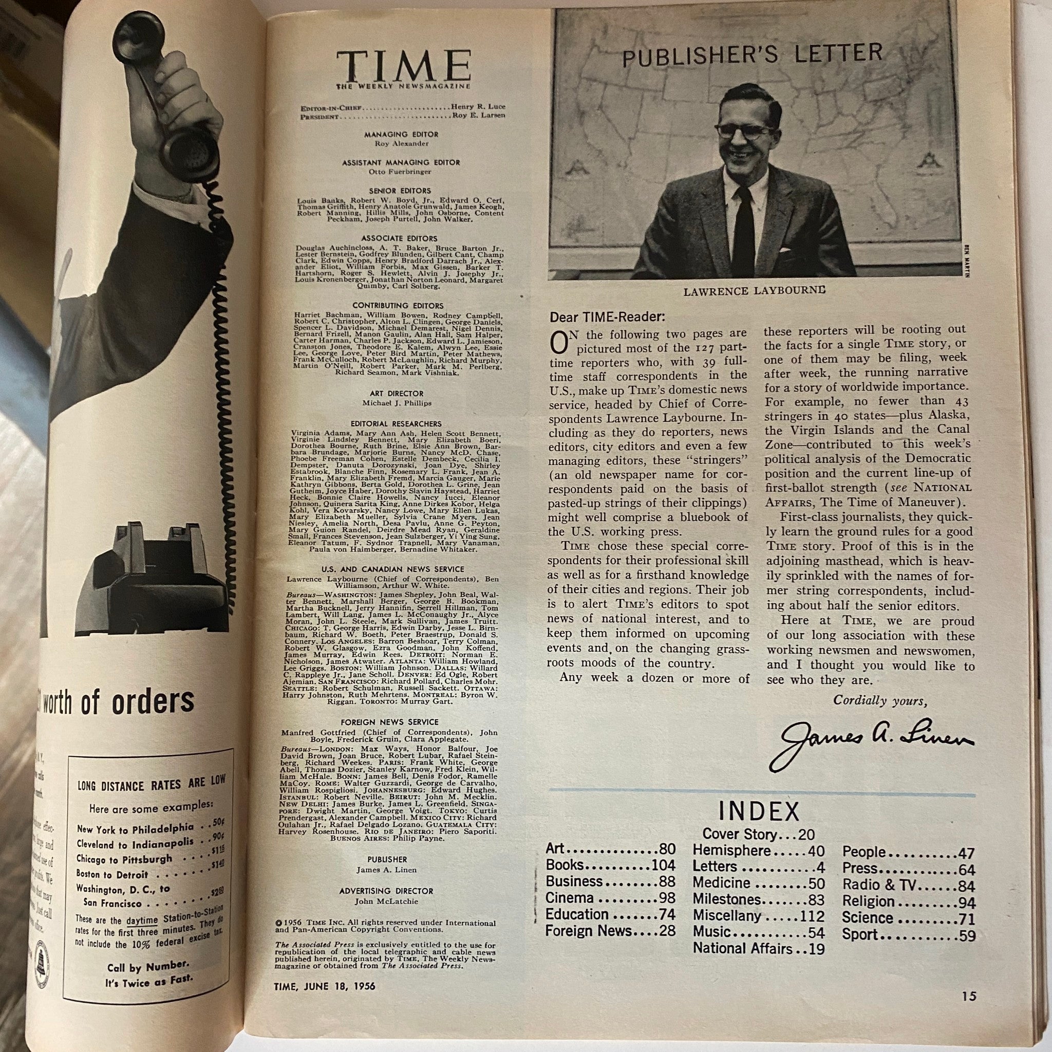 Interior page of Time Magazine dated June 18, 1956, including a publisher's letter and an index, highlighting the magazine's editorial structure and article contents.
