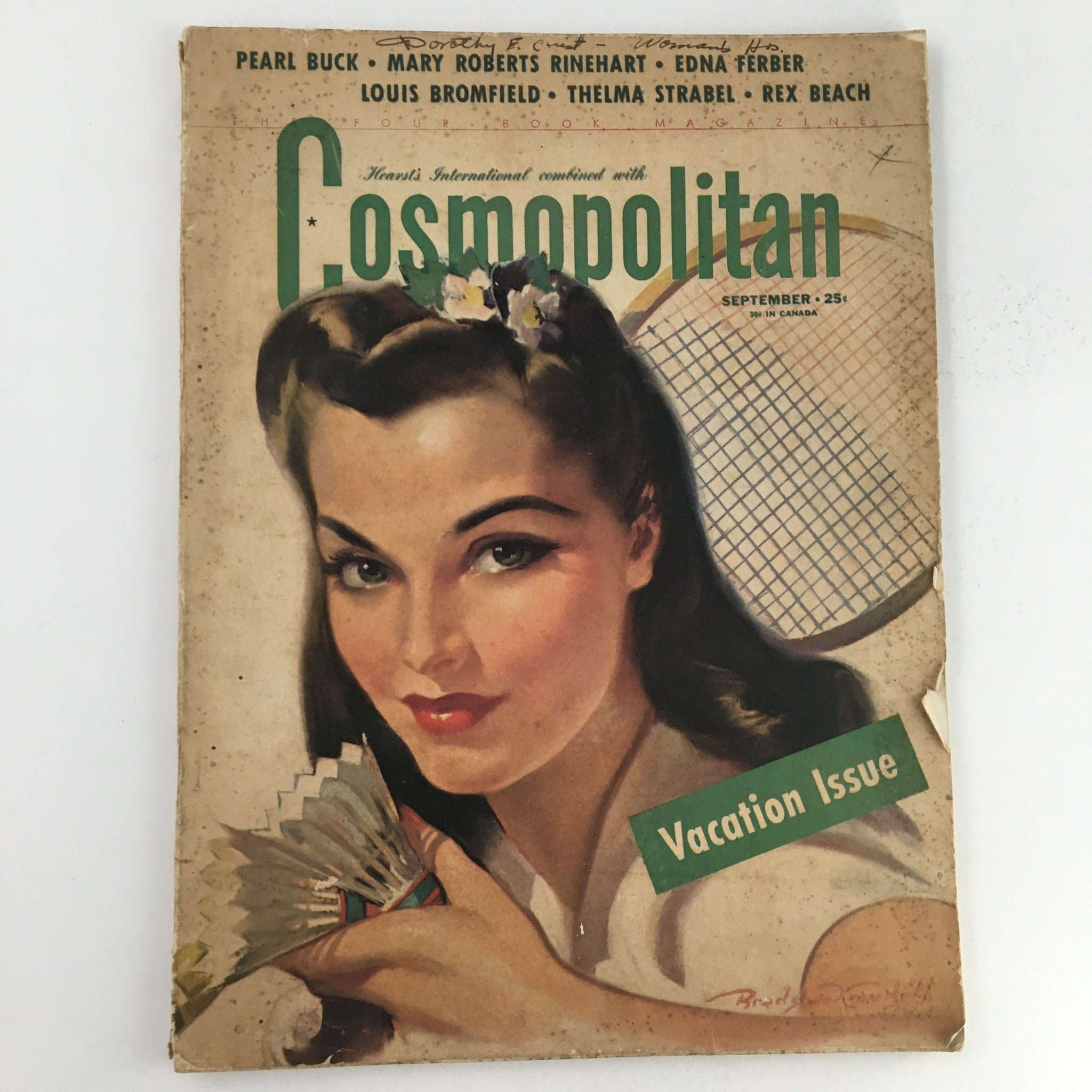 Cover of Cosmopolitan Magazine September 1941 featuring artwork of a glamorous woman, marking it as a Vacation Issue with notable contributions from Pearl Buck and Mary Roberts Rinehart.