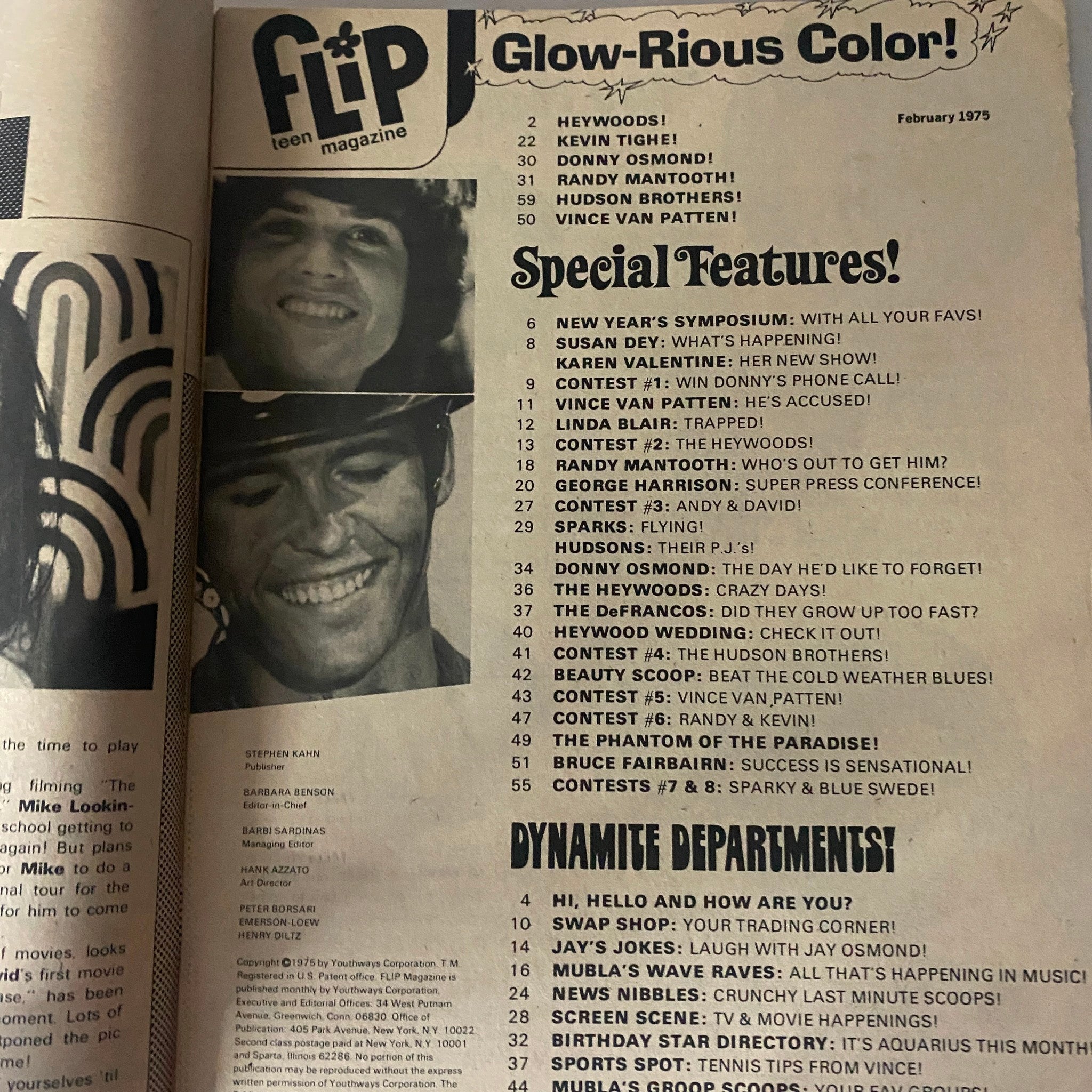 Interior page of VTG Flip Teen Magazine February 1975 highlighting articles about Donny Osmond and other notable teen celebrities, with a focus on popular culture.