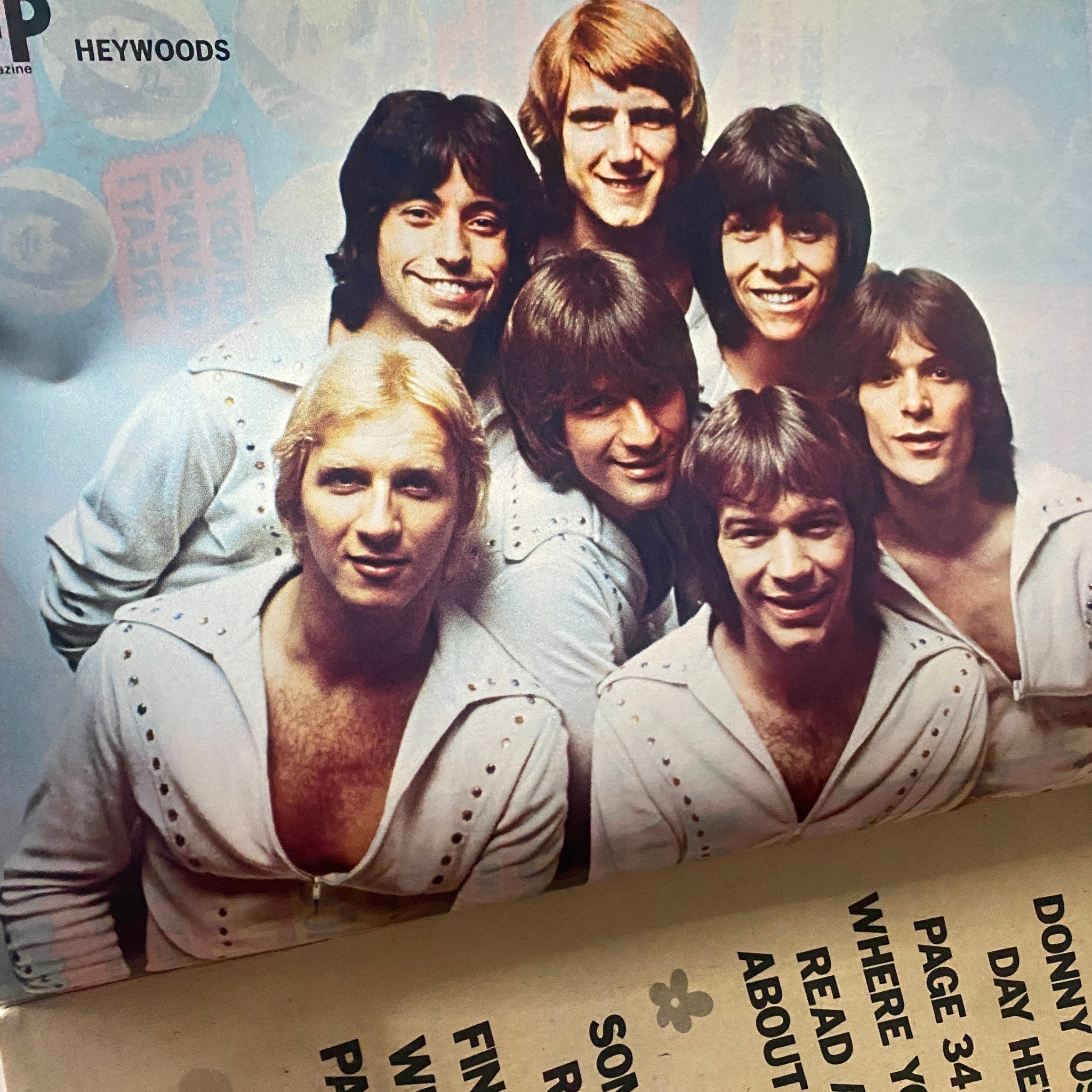 Snapshot of the Heywoods band featured in VTG Flip Teen Magazine February 1975, posing together in stylish outfits, showcasing the popular music scene of the 70s.