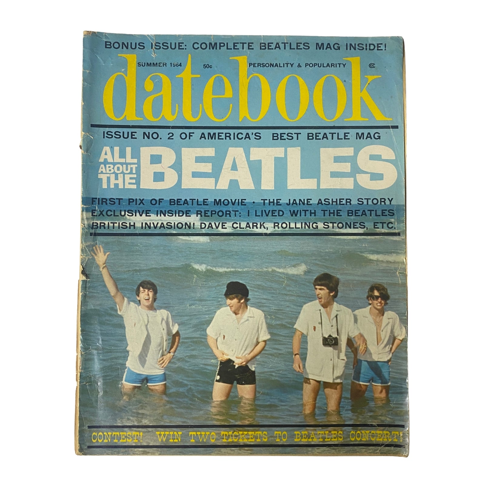 Datebook Magazine Summer 1964 featuring The Beatles on the cover, showcasing 'All About The Beatles' section and highlighting the early 1960s pop culture during Beatlemania.