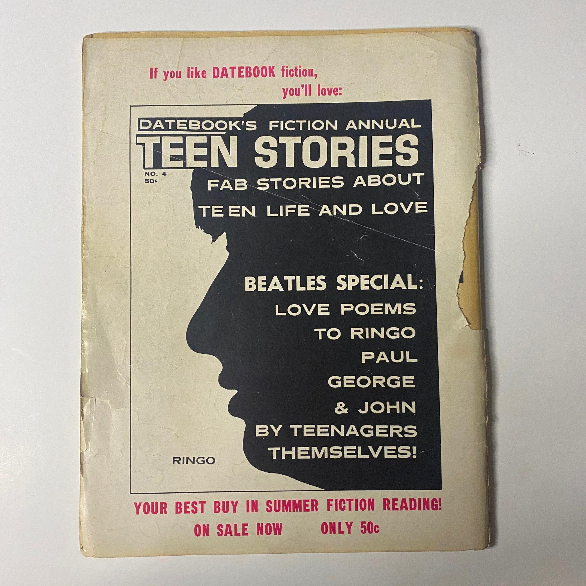 Back cover of Datebook Magazine's Fiction Annual Teen Stories featuring a silhouette of a teen and Beatles special with the tagline about love stories. Reflects teen culture of the 1960s.
