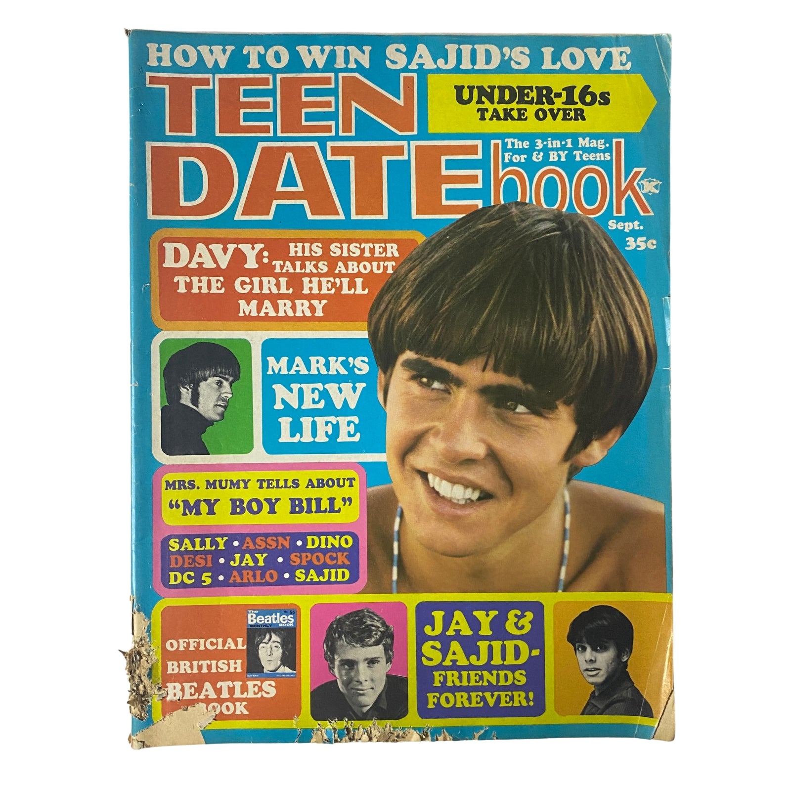 Teen Datebook Magazine September 1968 cover featuring Davy Jones, Mark Lindsay, and Sajid Khan, highlighting teen culture and pop icons of the era.