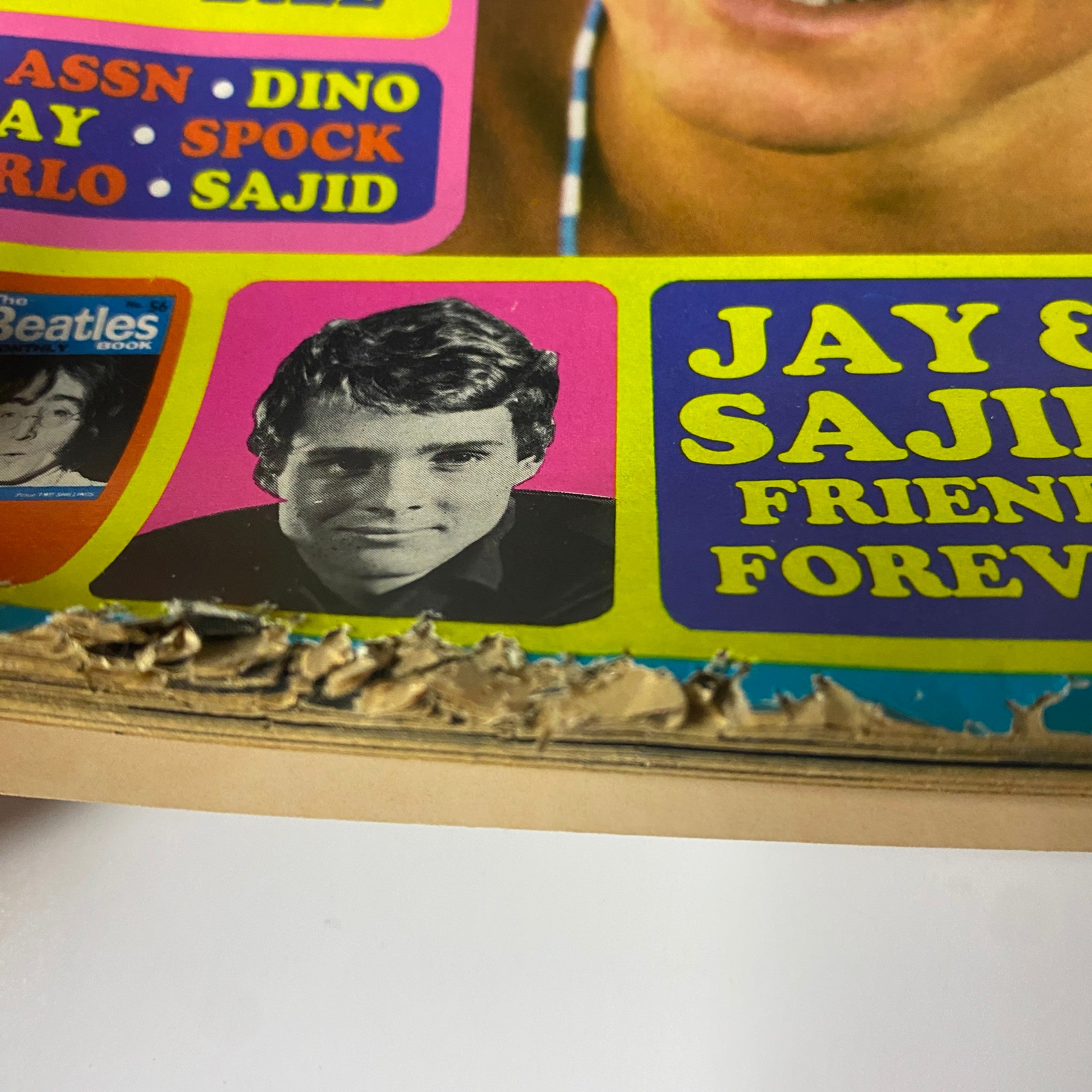 Close-up of Teen Datebook Magazine September 1968 featuring Davy Jones, showcasing colorful graphics and damage at the bottom edge.