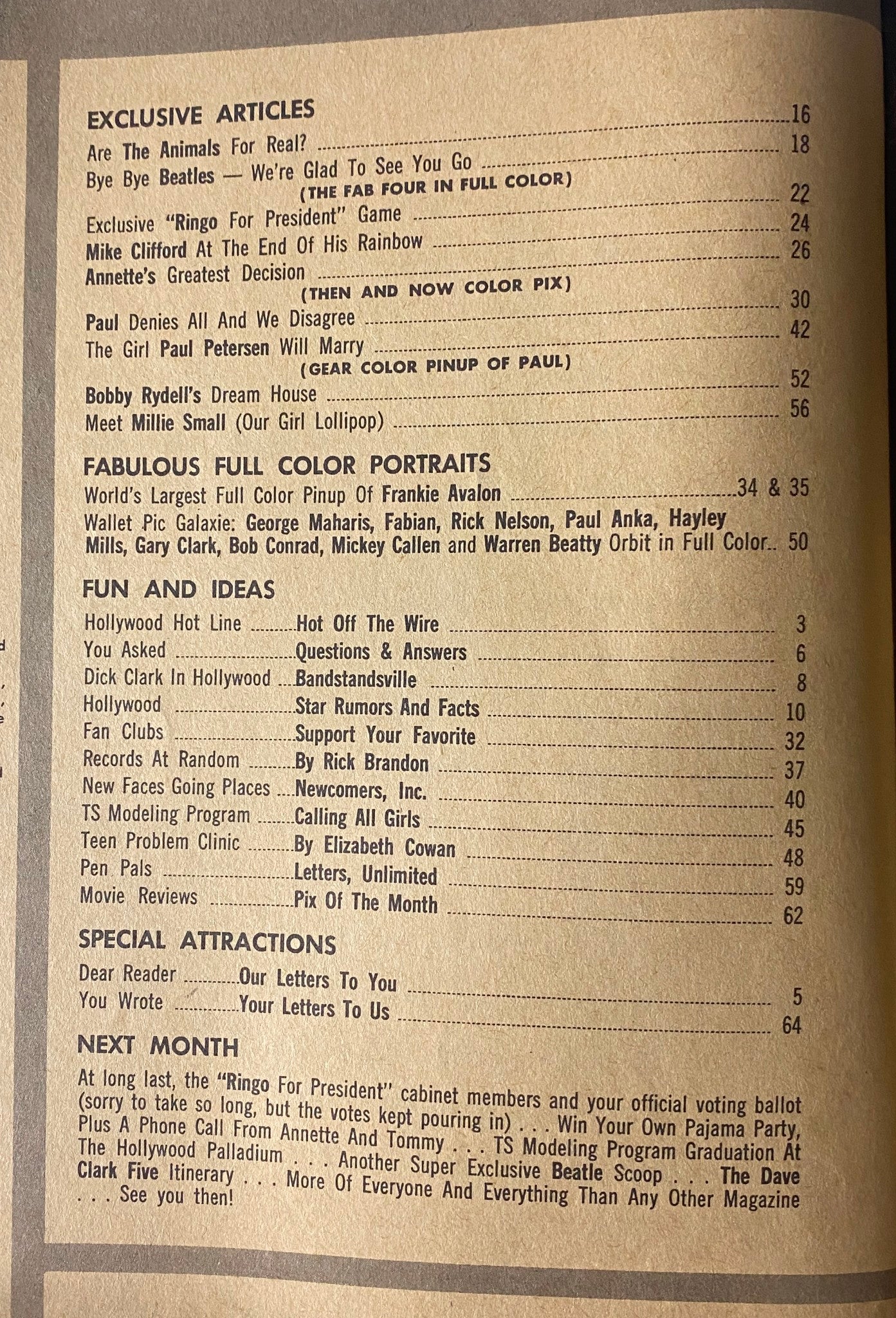 Table of Contents from Teen Screen Magazine October 1964 featuring Paul McCartney on the cover. Highlights include exclusive articles like 'Are The Animals For Real?' and 'Ringo For President'. Ideal for collectors of vintage teen magazines and Beatles memorabilia.