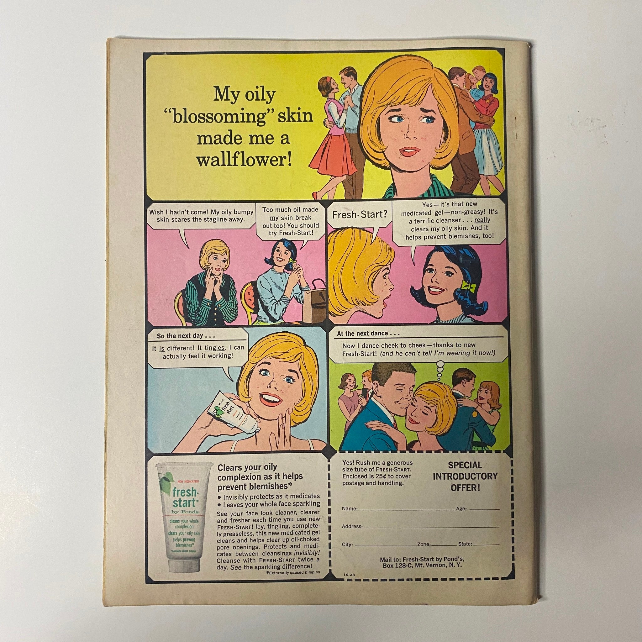 Back cover of Teen Screen Magazine October 1964 showcasing a skincare advertisement with a girl discussing her skin problems and promoting Fresh Start skin products. A vintage reference for fans of 1960s beauty culture.