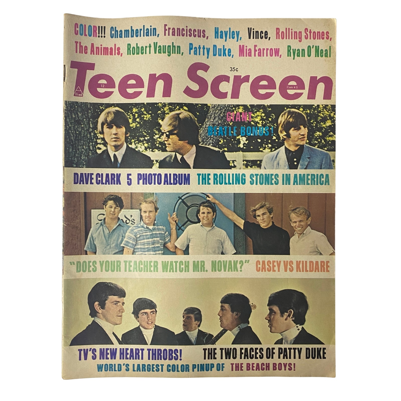 Teen Screen Magazine December 1964 featuring The Beatles on the cover with vibrant colors and various iconic music stars. A collectible issue highlighting exclusive articles and full-color portraits.