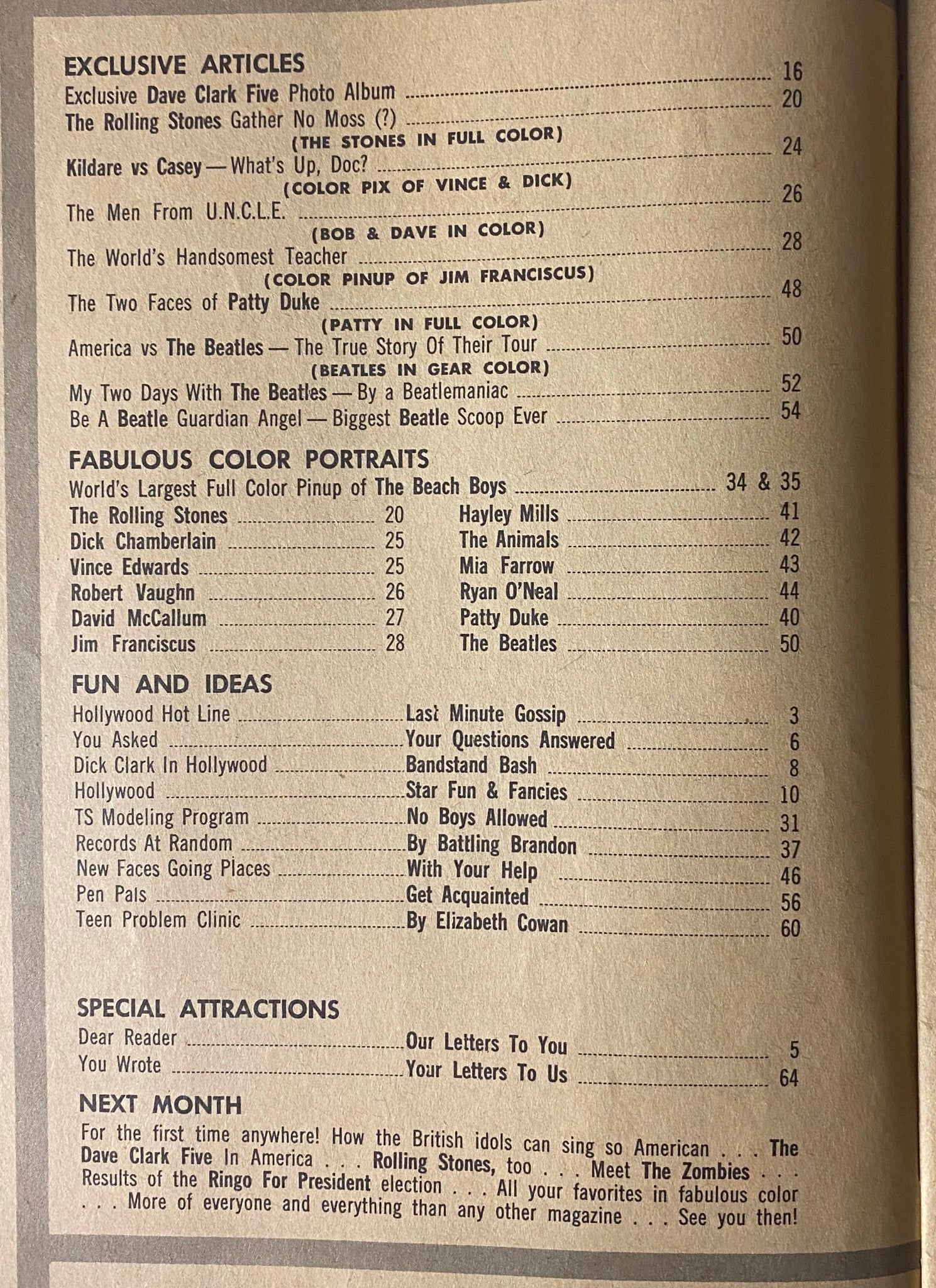 Table of contents from Teen Screen Magazine December 1964, showcasing exclusive articles about The Beatles, The Rolling Stones, and more, emphasizing vintage teen culture and iconic 1960s stars.