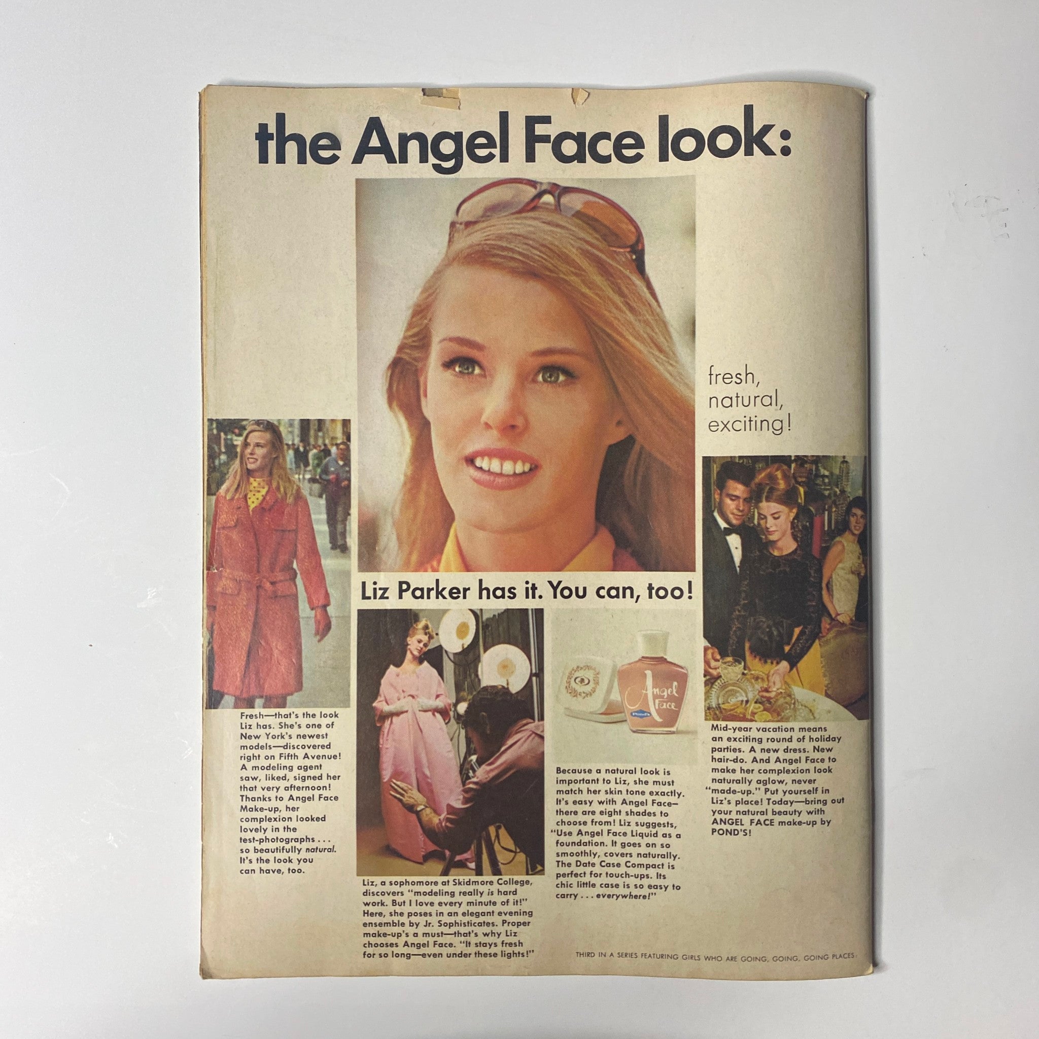 Advertisement page from Teen Screen Magazine December 1964 featuring the latest beauty trends, introducing the Angel Face look. A vintage piece reflecting the fashion and style of the 1960s.