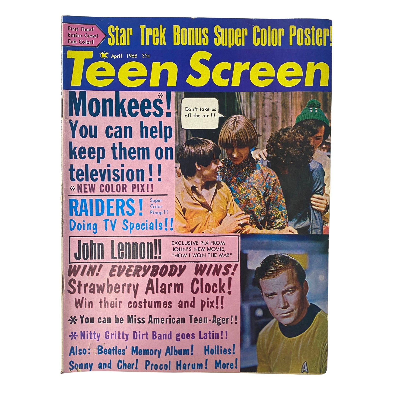 Teen Screen Magazine April 1968 Vol 10 No. 4 featuring The Monkees on the cover, promoting exclusive content including Star Trek, with colorful pinups and articles.