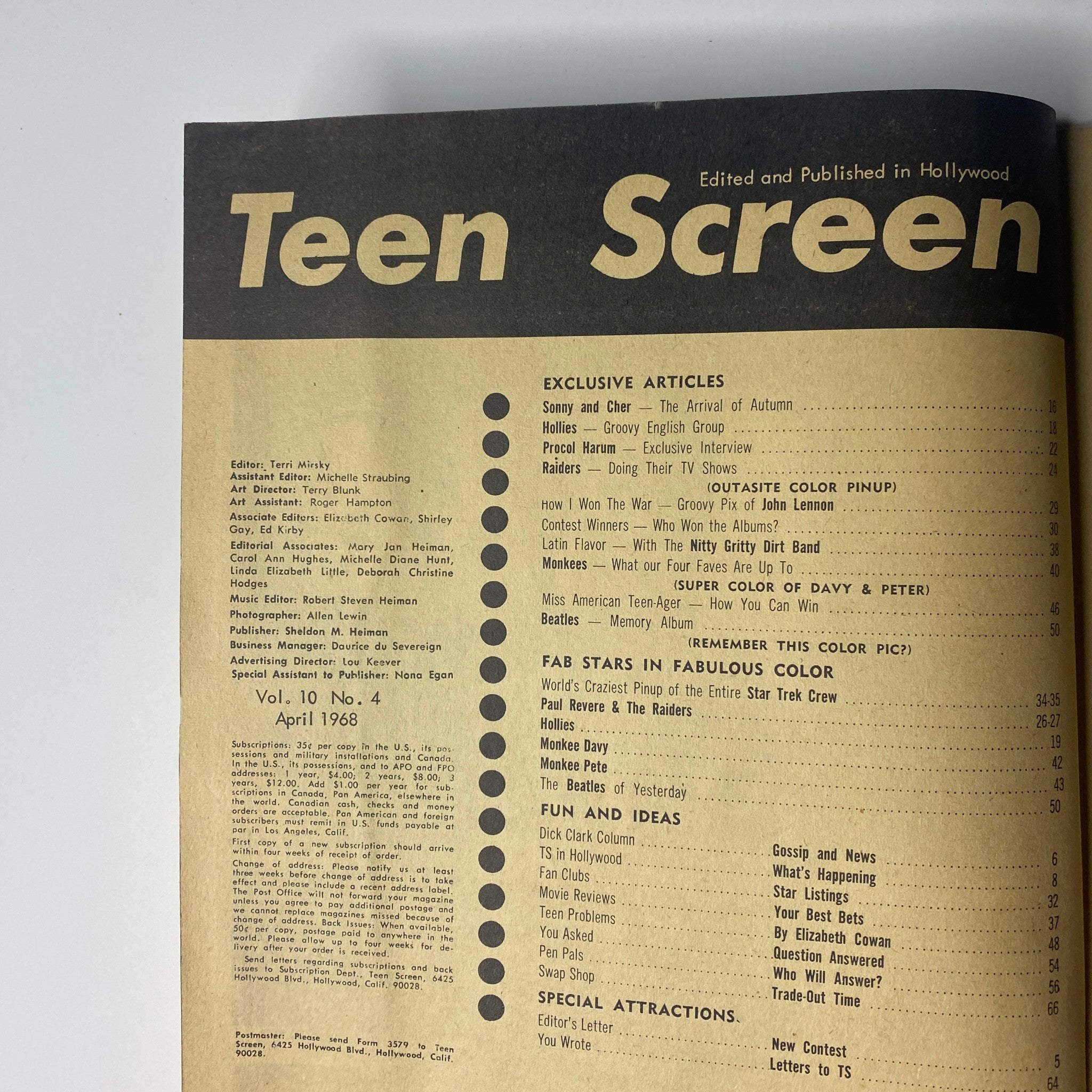 Inside page of Teen Screen Magazine April 1968 Vol 10 No. 4 showcasing the Table of Contents with featured articles including Sonny and Cher, The Hollies, and Beatles content.
