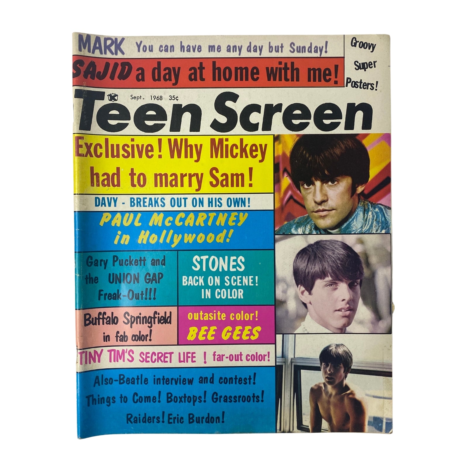 Teen Screen Magazine September 1968 featuring Paul McCartney on the cover, highlights include exclusive articles on Paul McCartney in Hollywood and features on The Bee Gees, Gary Puckett, and Tiny Tim. The magazine is in good condition and includes a bonus poster.
