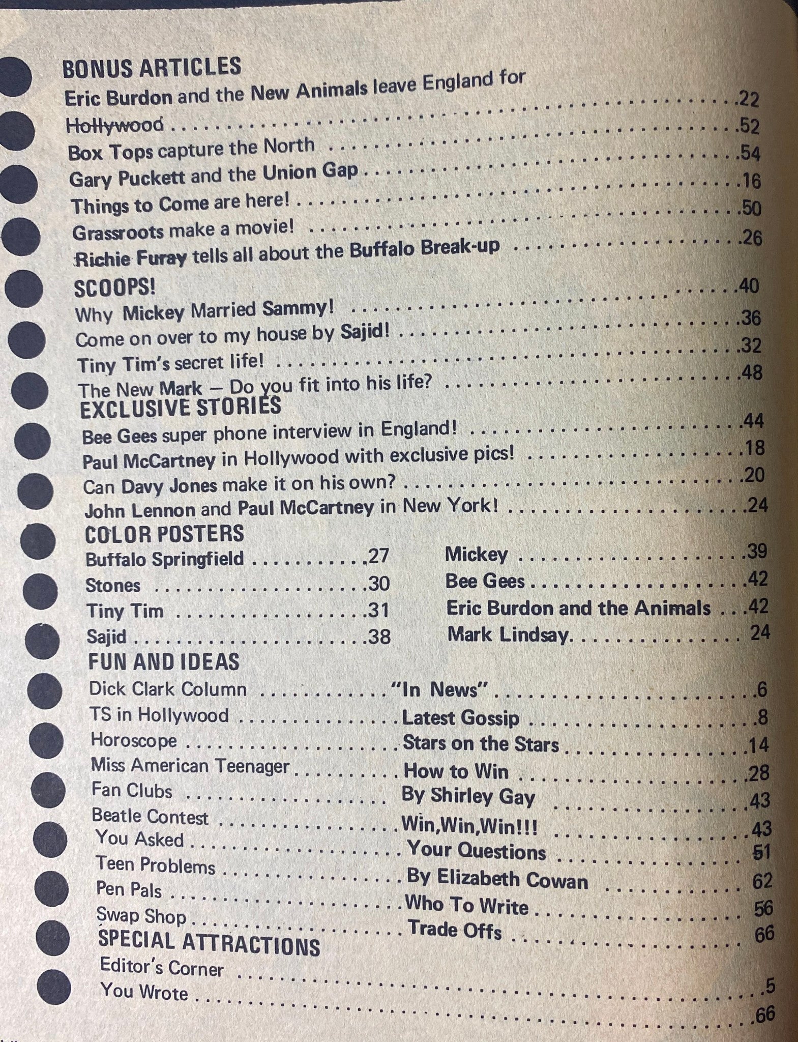 Bonus articles section of Teen Screen Magazine September 1968 featuring topics like Eric Burdon and The Animals and exclusive stories.