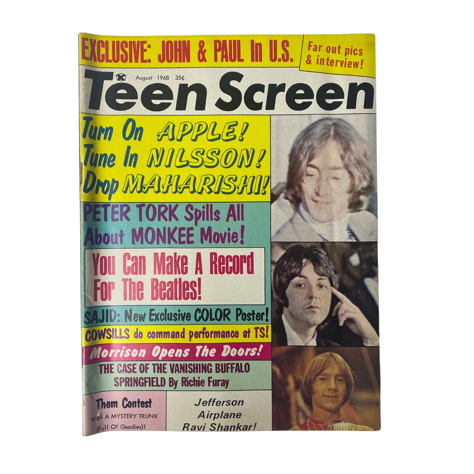 Teen Screen Magazine August 1968 featuring John Lennon and Paul McCartney on the cover, highlighting exclusive interviews and a bonus poster. The magazine showcases popular acts of the late 1960s, ideal for collectors and fans of vintage teen publications.