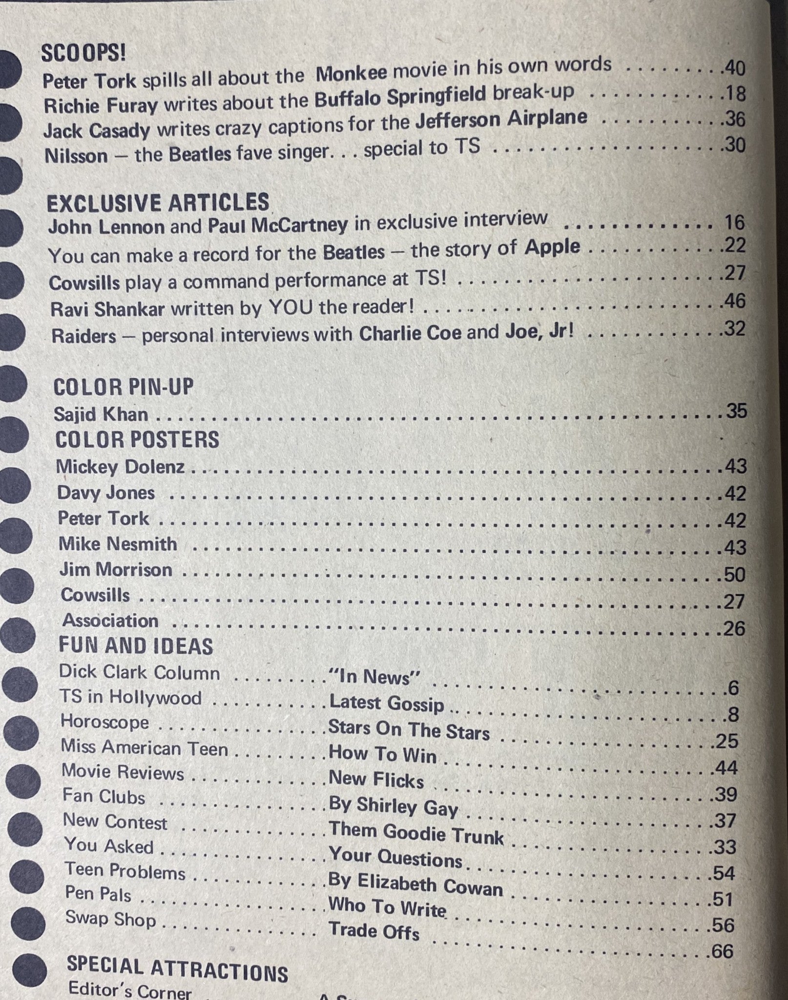 Table of contents from Teen Screen Magazine August 1968 featuring key articles including interviews with John Lennon and Paul McCartney, and coverage on The Monkees and other rock icons.