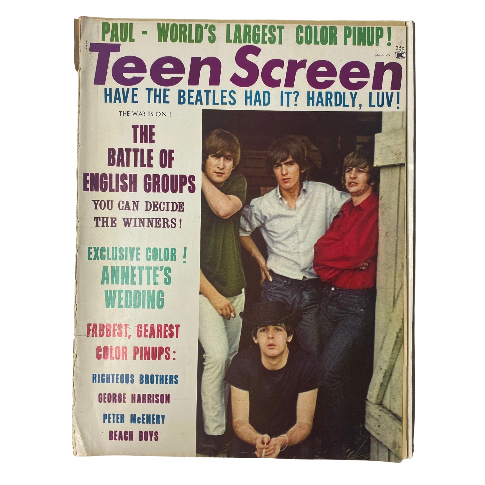 Teen Screen Magazine March 1965 featuring The Beatles on the cover with a pin-up of Paul McCartney. The cover includes highlights like 'Battle of English Groups' and 'Annette's Wedding'. A collectible item from the Beatlemania era.