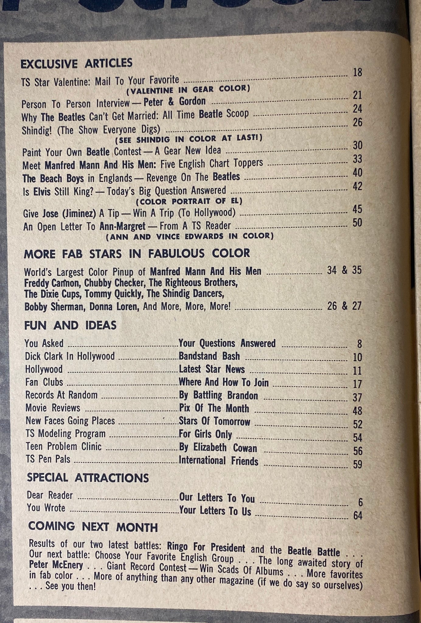 Table of contents from Teen Screen Magazine February 1965, highlighting exclusive articles, features including The Beach Boys, and iconic stars of the 1960s.