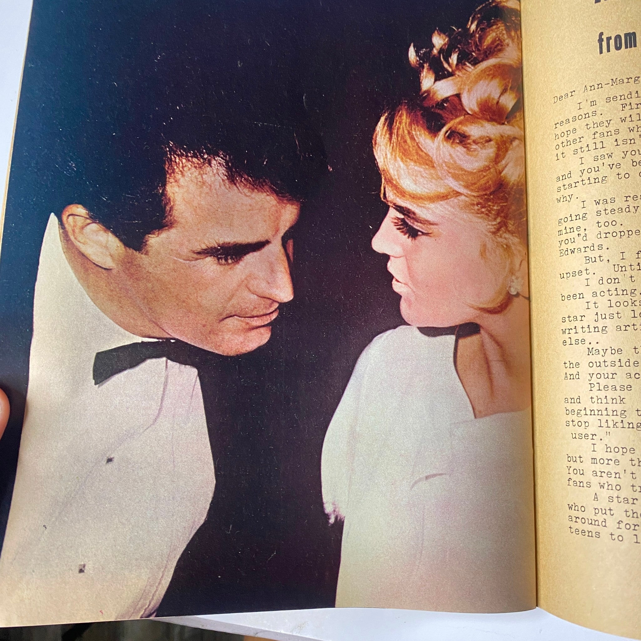 Close-up image from Teen Screen Magazine February 1965 showing a glamorous moment between two stars, with context about personal messages from readers.