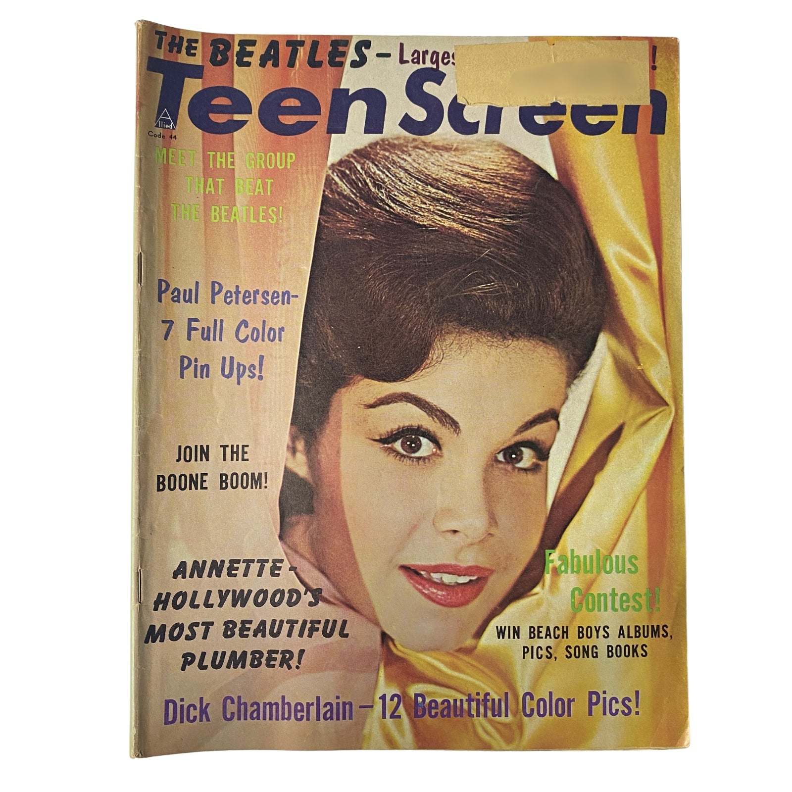 Teen Screen Magazine April 1964 featuring Annette Funicello on the cover, highlighted with text about Paul Petersen, The Beach Boys, and contests. This vintage magazine captures mid-1960s teen culture.