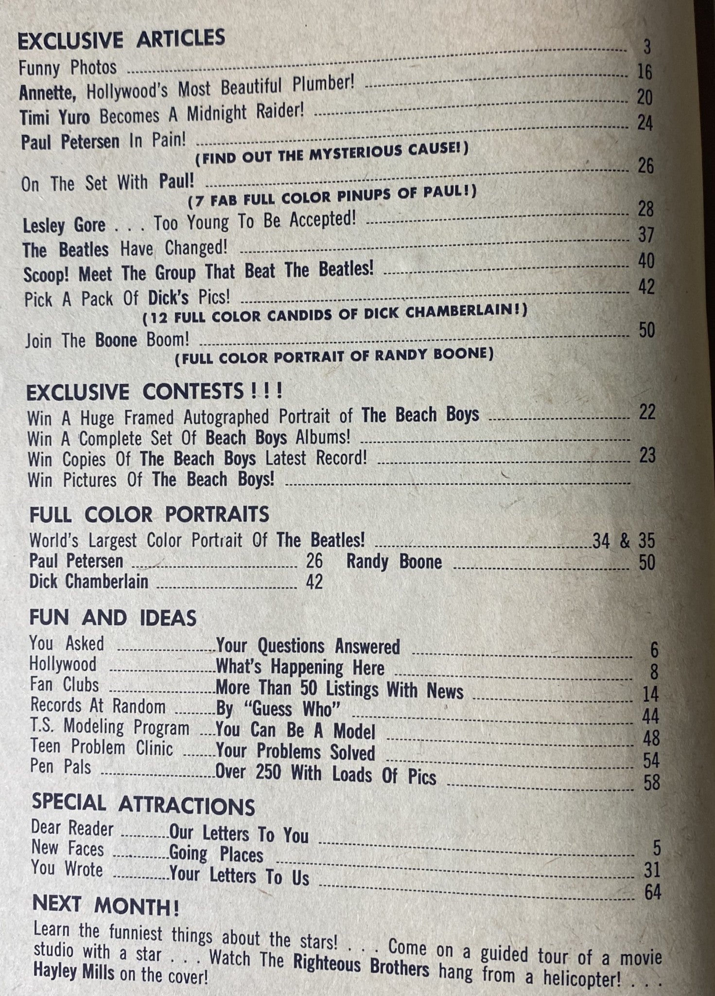 Inside page of Teen Screen Magazine April 1964 featuring exclusive articles section, including titles like 'Funny Photos', 'Timi Yuro Becomes a Midnight Raider!', and 'Paul Petersen in Pain!'. Highlights various popular teen culture topics of the 1960s.