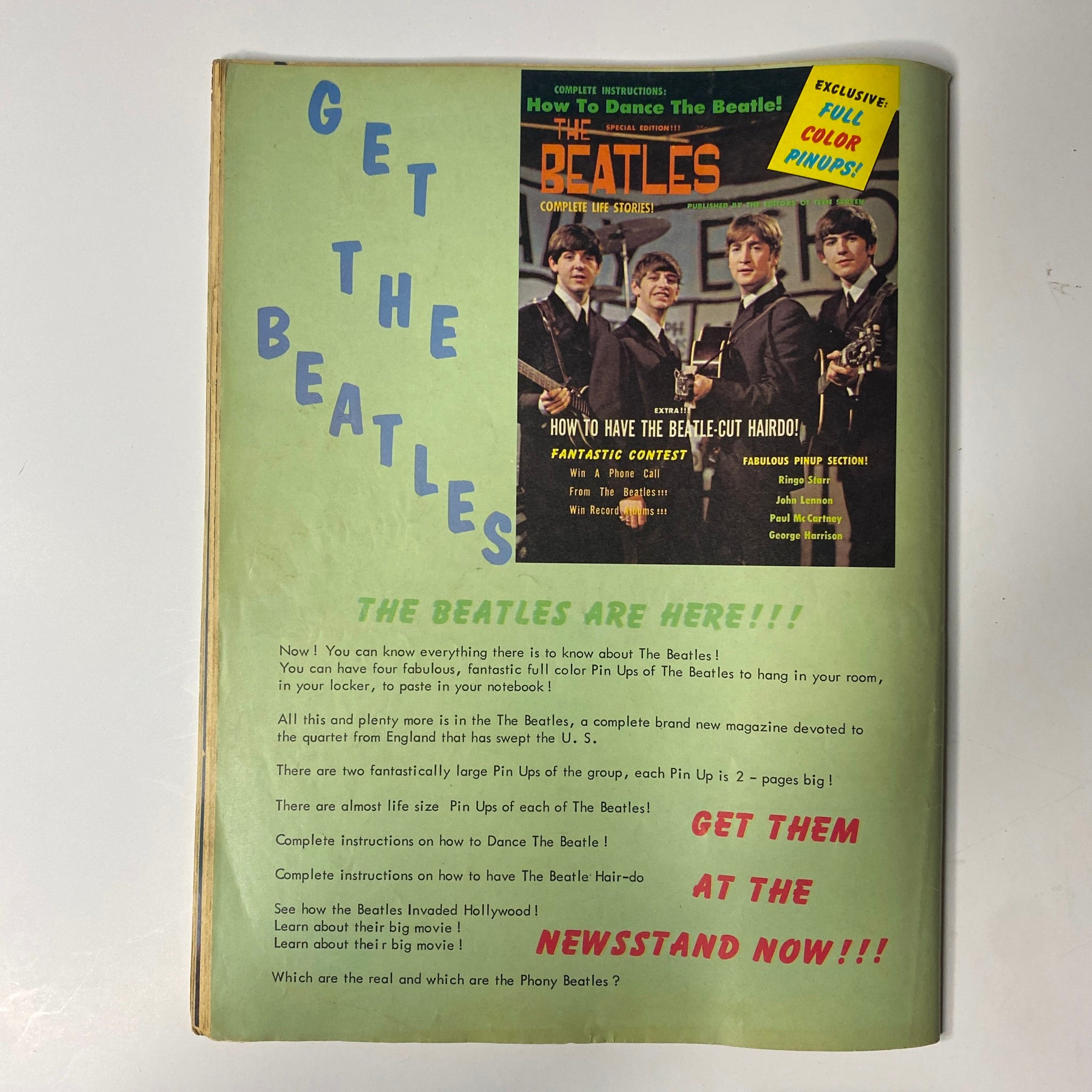 Cover page of Teen Screen Magazine April 1964 with an exclusive pin-up feature on The Beatles, promoting their dance tips and related contests. The cover reflects the iconic fashion and music trends of the 1960s.