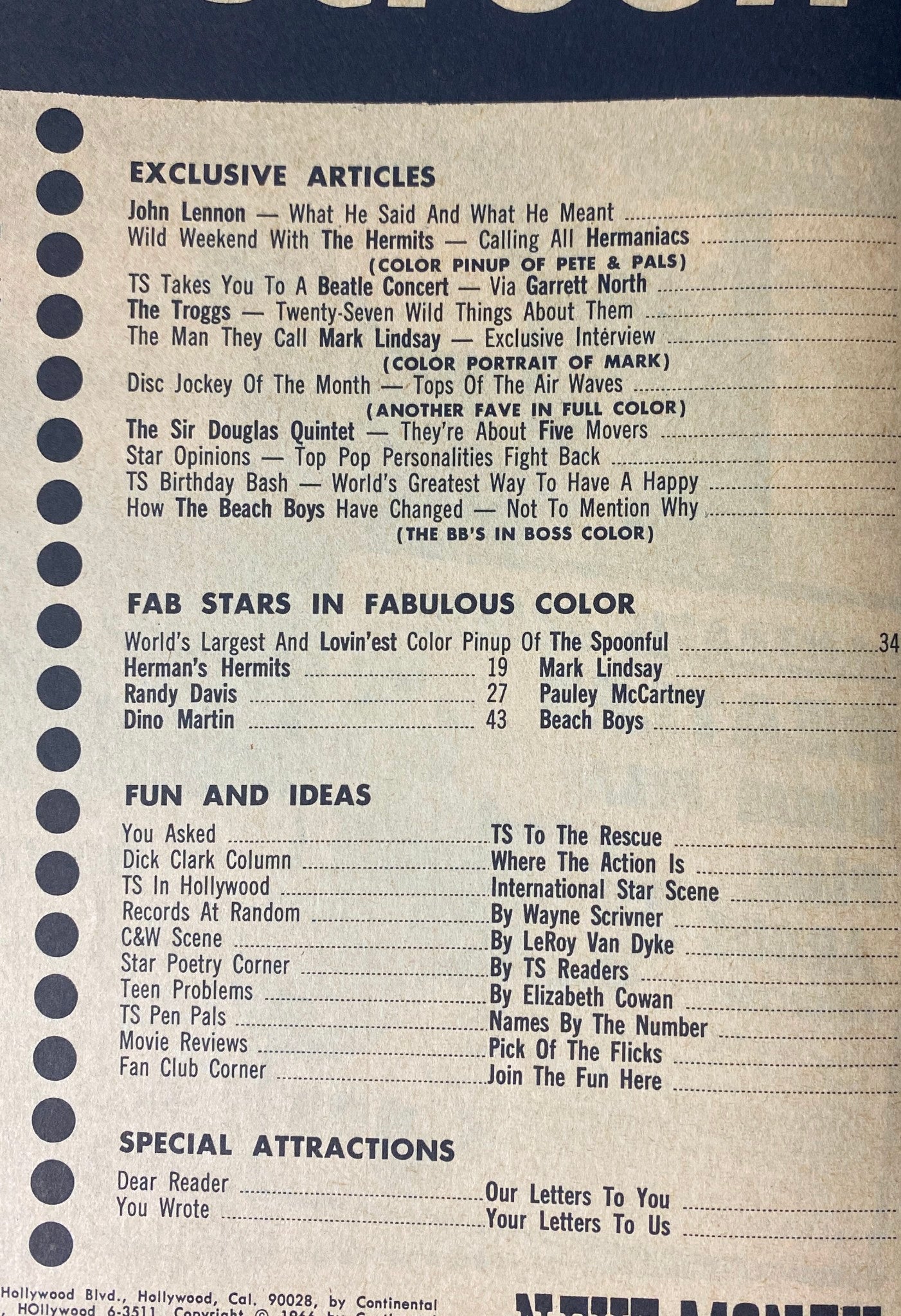 Table of contents from Teen Screen Magazine October 1966 featuring exclusive articles including John Lennon, Herman's Hermits, and The Beach Boys. Great for collectors of vintage teen magazines.