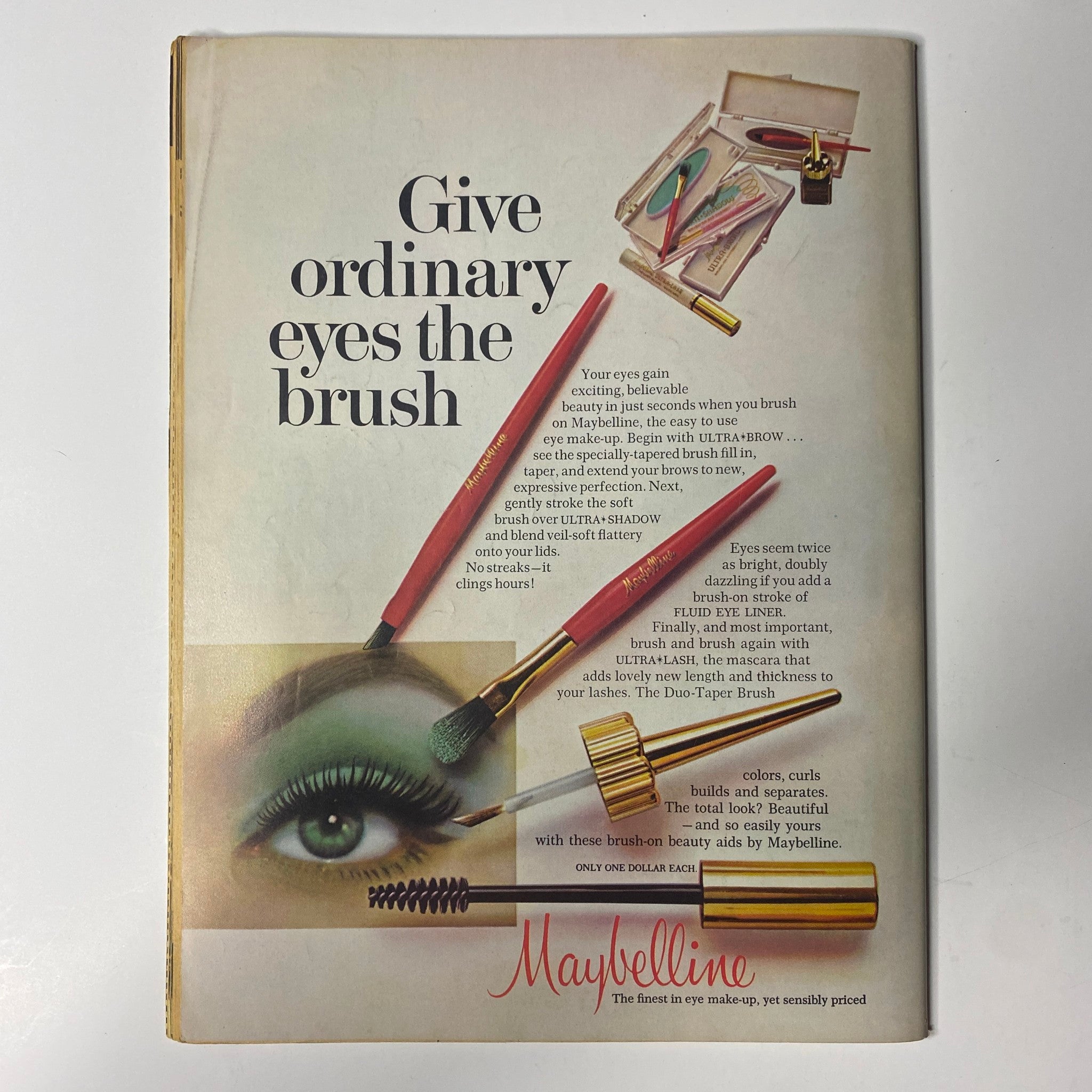 Vintage Maybelline advertisement featuring makeup products, promoting beauty techniques from the 1960s. This advertisement appeared in Teen Screen Magazine October 1966.