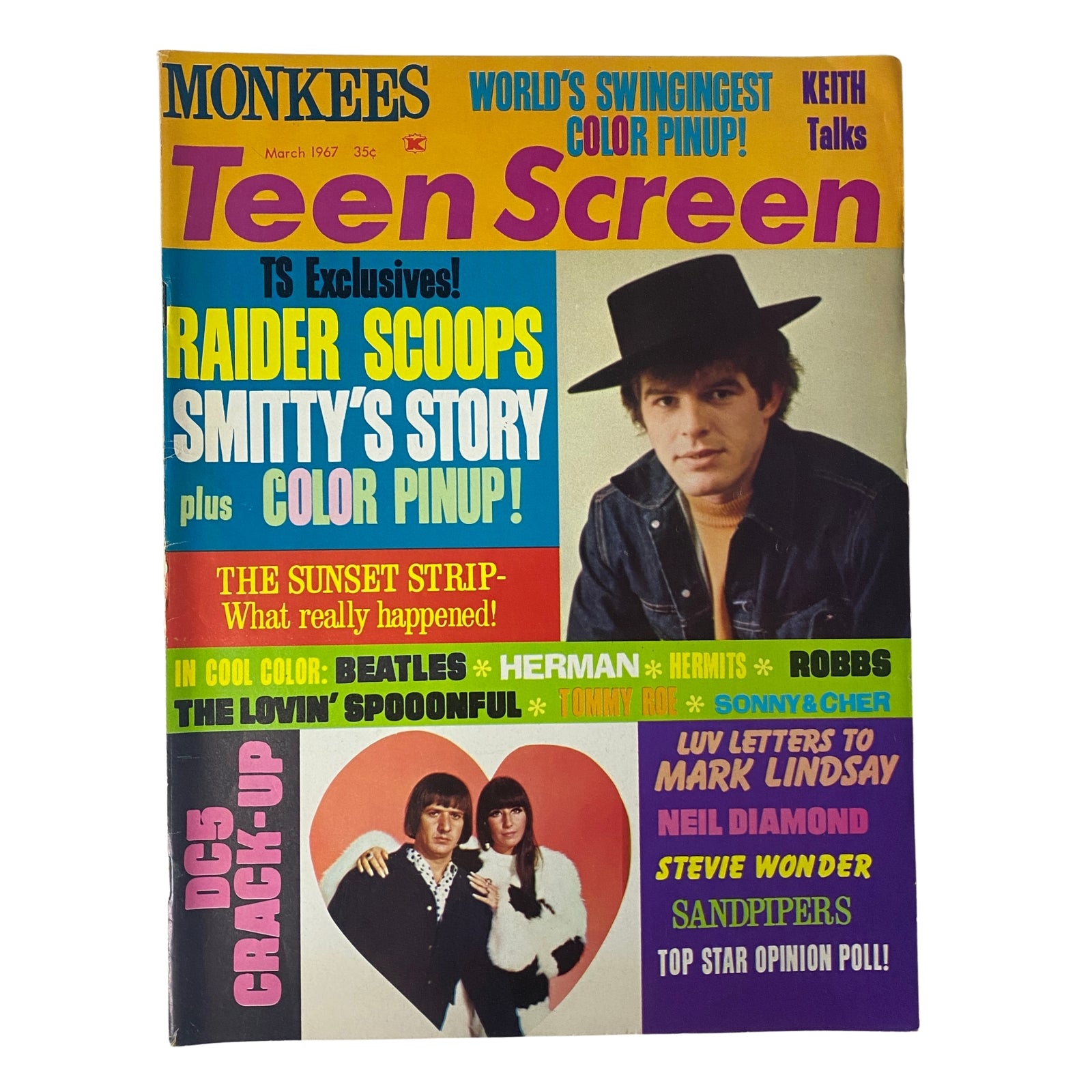 Teen Screen Magazine March 1967 featuring Mark Lindsay on the cover, along with articles and pin-ups of popular 1960s stars including The Monkees, Neil Diamond, and Sonny & Cher, highlighting key teen culture of the era.