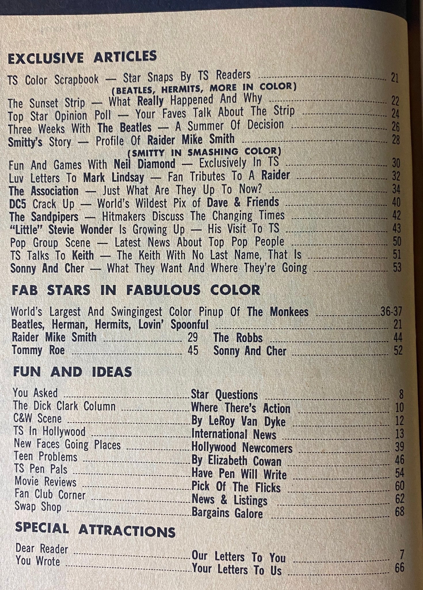 Inside page featuring the Table of Contents of Teen Screen Magazine, March 1967, highlighting exclusive articles and features on pop culture.