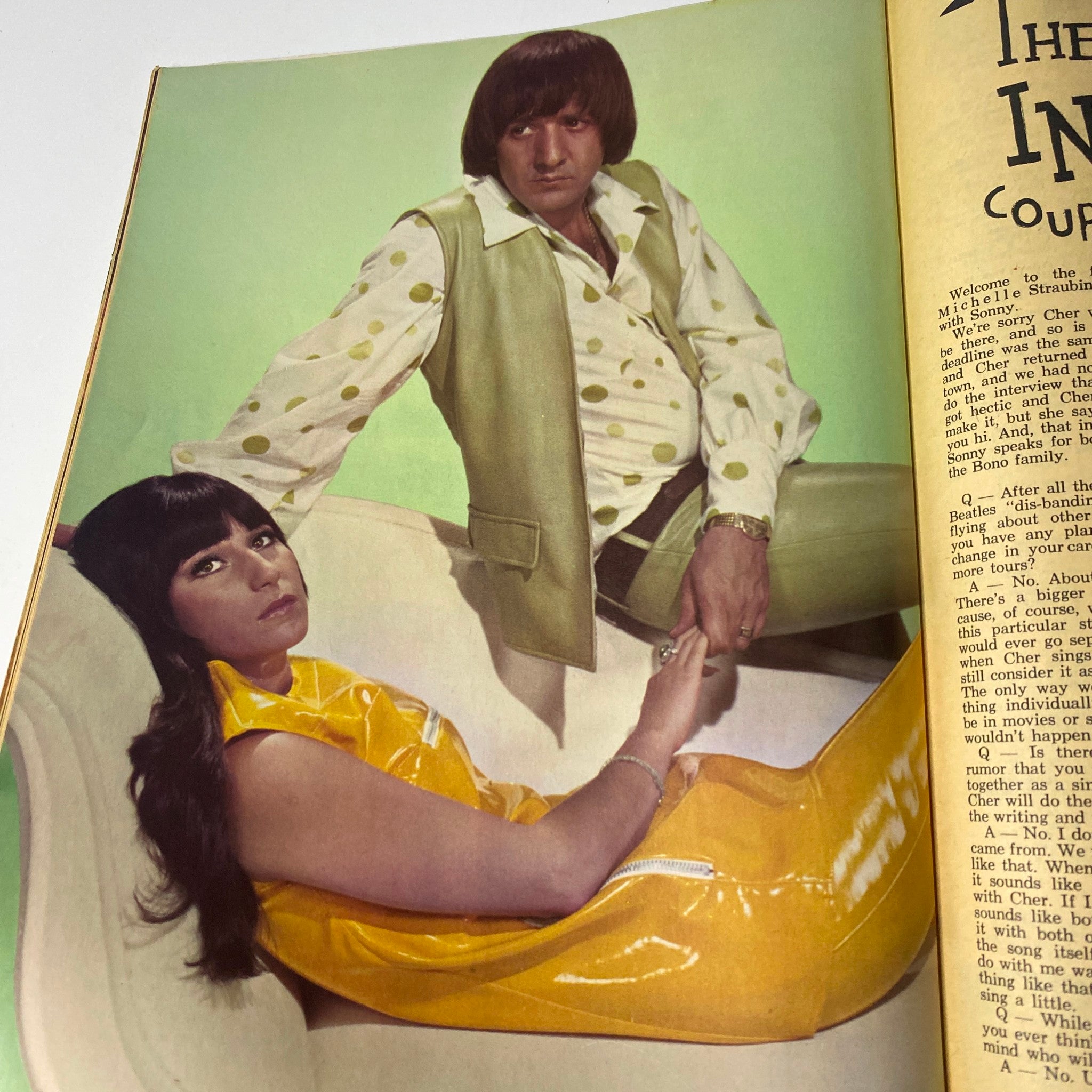 Colorful spread of Sonny and Cher in Teen Screen Magazine, March 1967, capturing the essence of 1960s style and pop music aesthetics.
