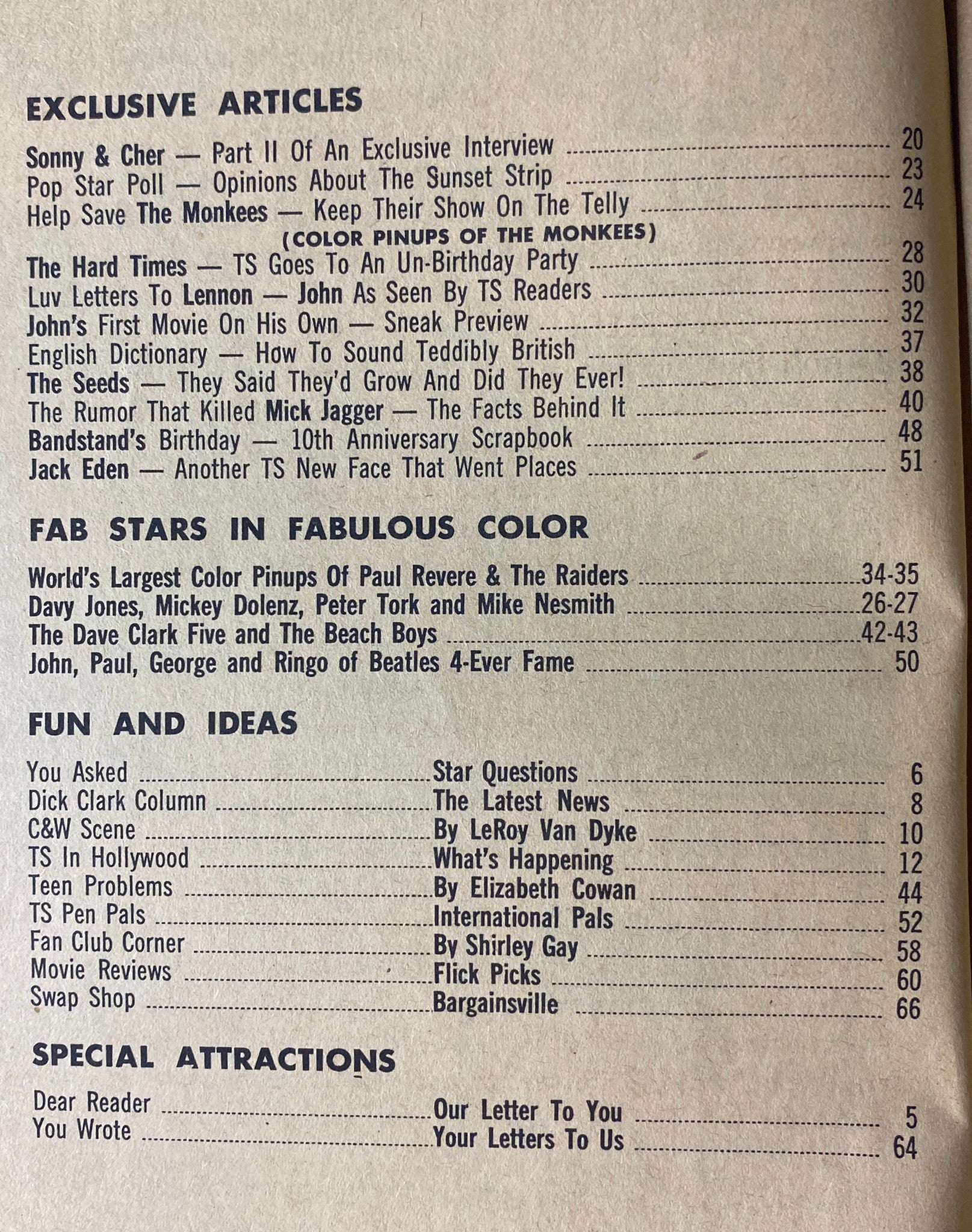 Table of Contents from Teen Screen Magazine April 1967, listing exclusive articles and features including The Monkees.