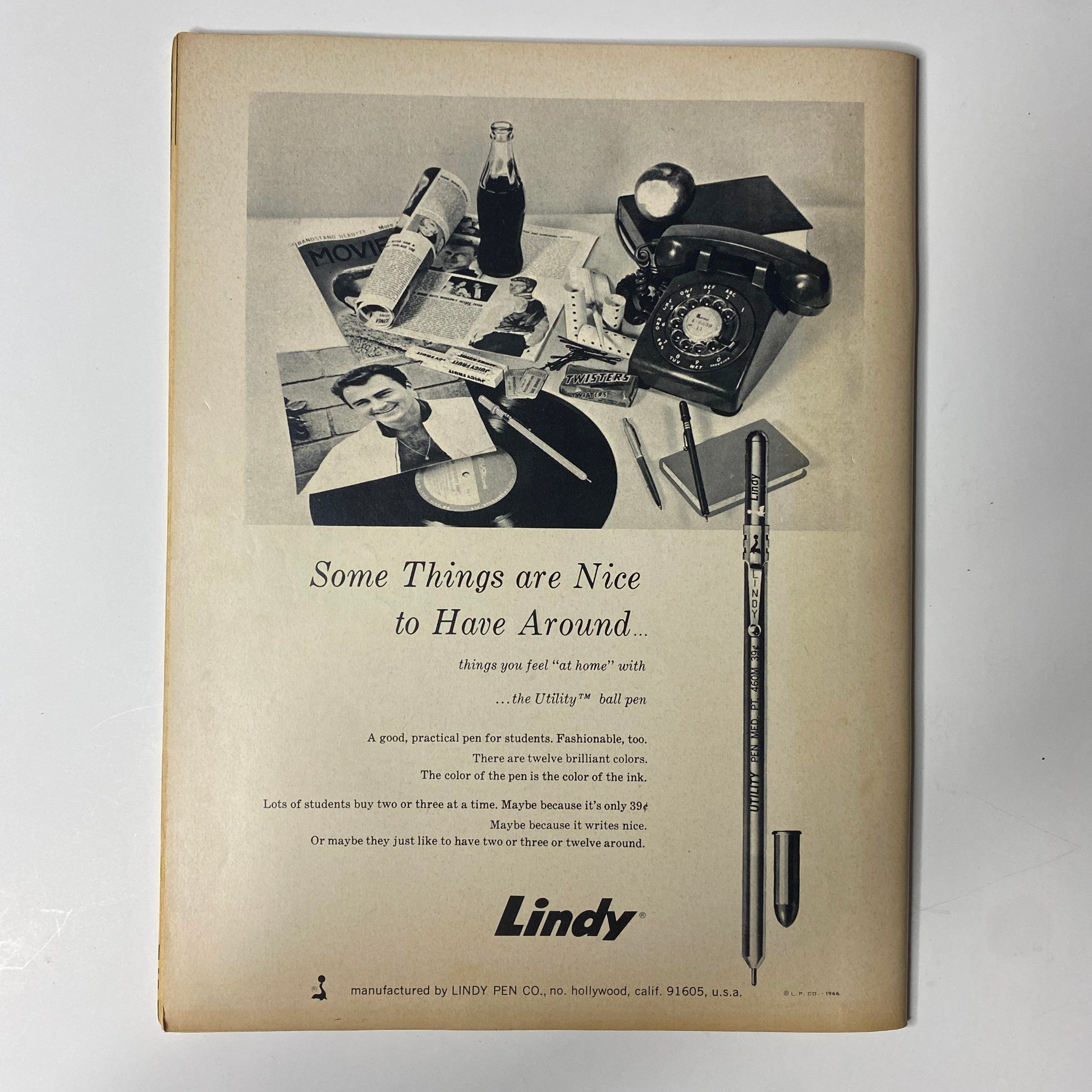 Back advertisement page of Teen Screen Magazine April 1967 featuring Lindy pens and nostalgic items.