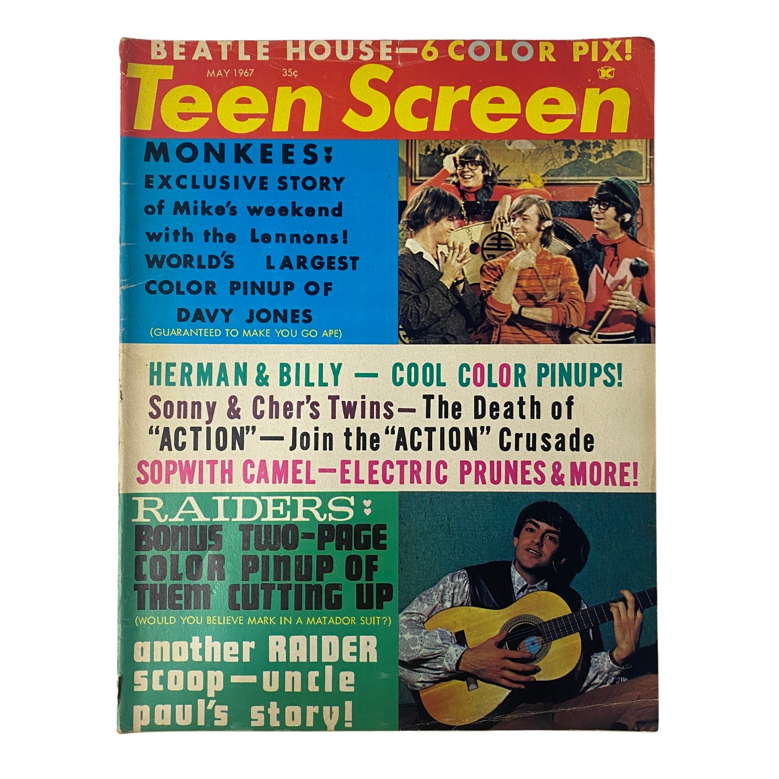 Teen Screen Magazine May 1967 featuring The Monkees cover, showcasing articles about Mike's weekend with the Lennons and a large color pin-up of Davy Jones.