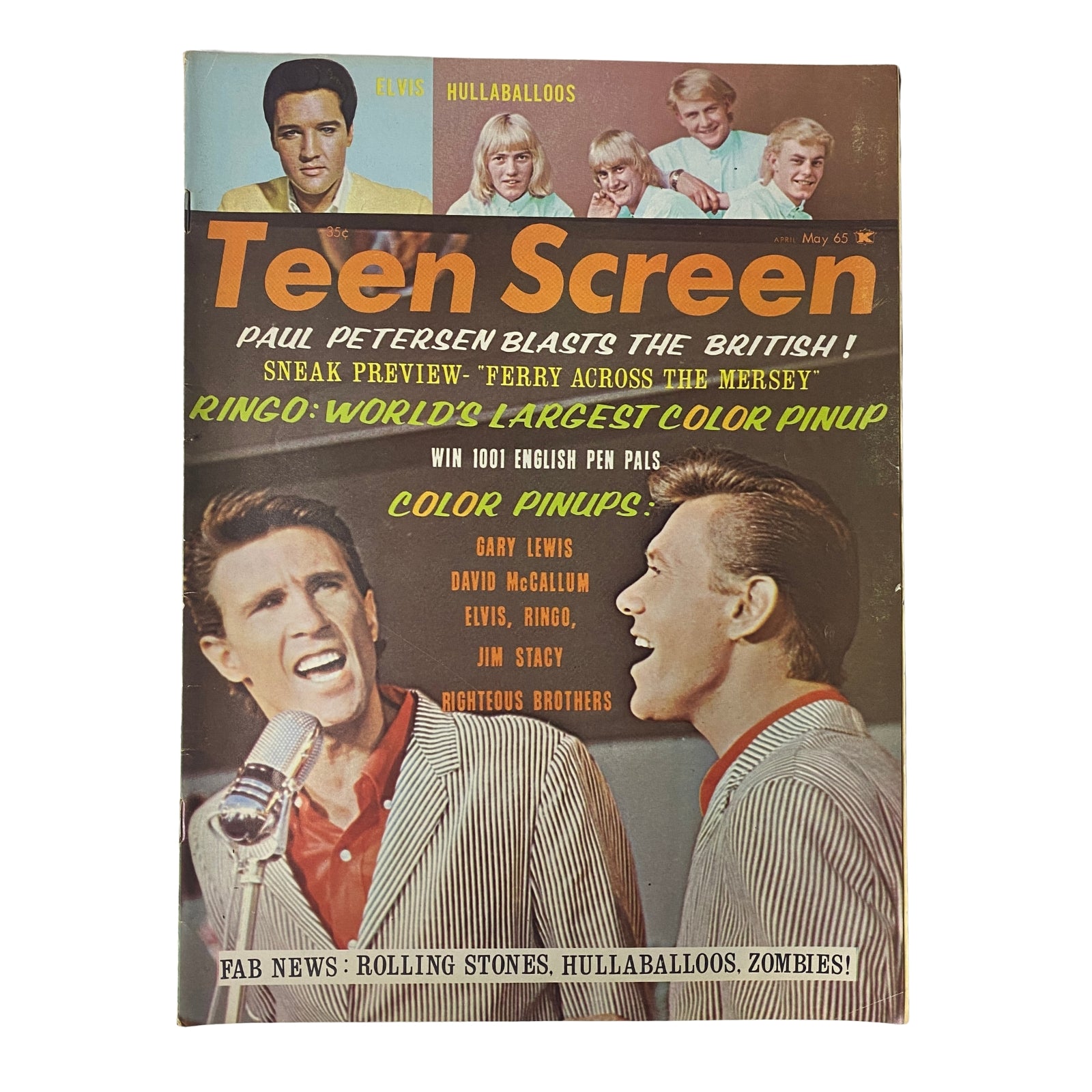Cover of Teen Screen Magazine May 1965 featuring Paul Petersen, Elvis Presley, and music stars with colorful pin-ups and headlines about The Beatles and The Rolling Stones.
