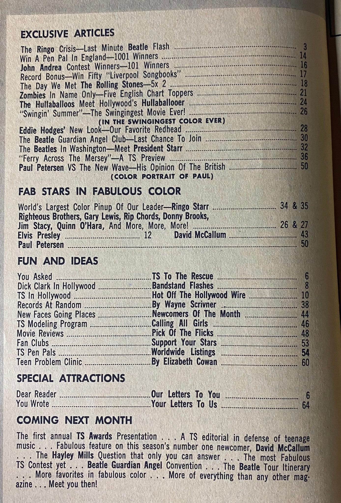 Table of Contents page from Teen Screen Magazine May 1965, highlighting exclusive articles and features on music stars like Ringo Starr and Paul Petersen.