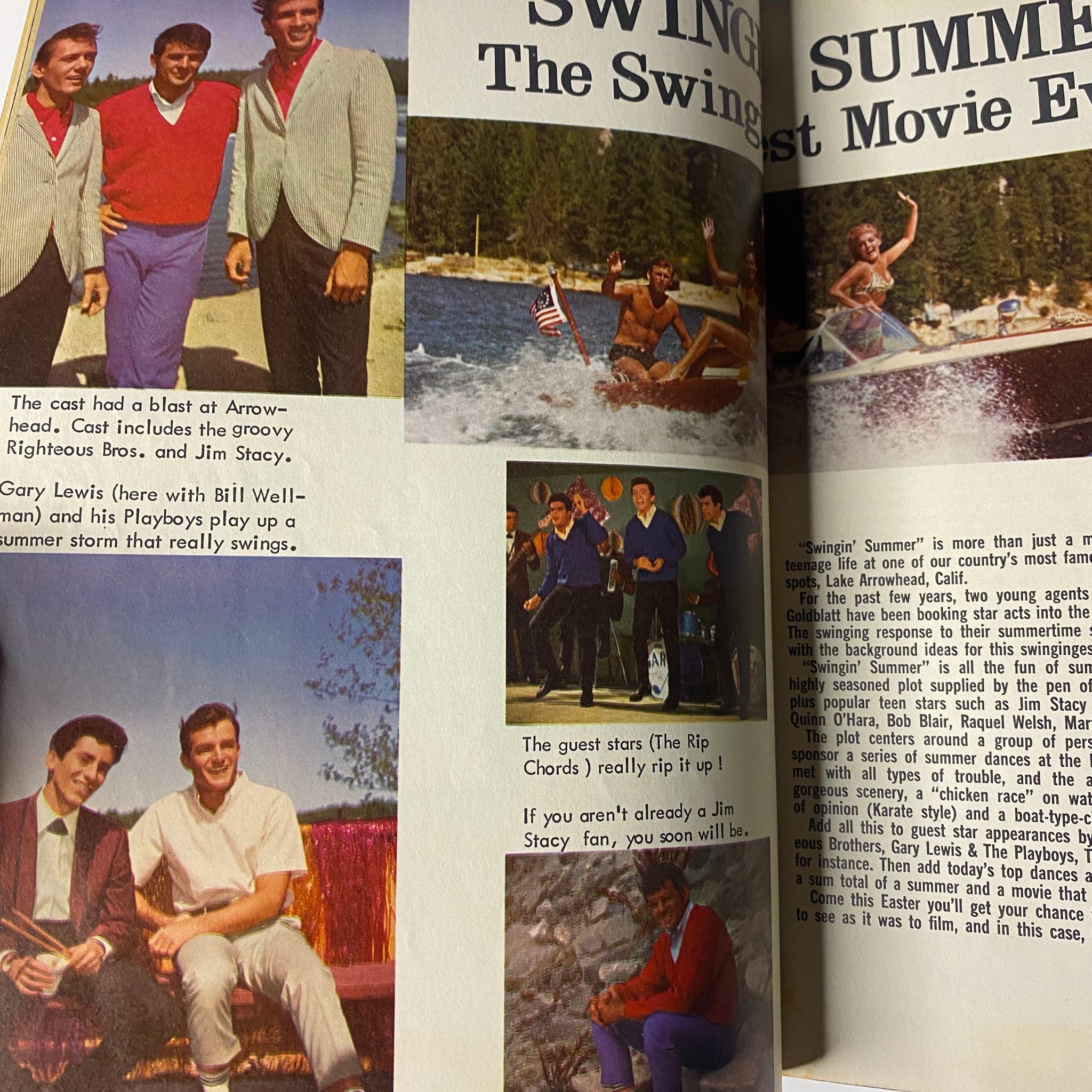 Highlight page from Teen Screen Magazine May 1965 showcasing scenes from the movie 'Swingin' Summer' with Gary Lewis and Jim Stacy, emphasizing the vibrant teen culture of the era.