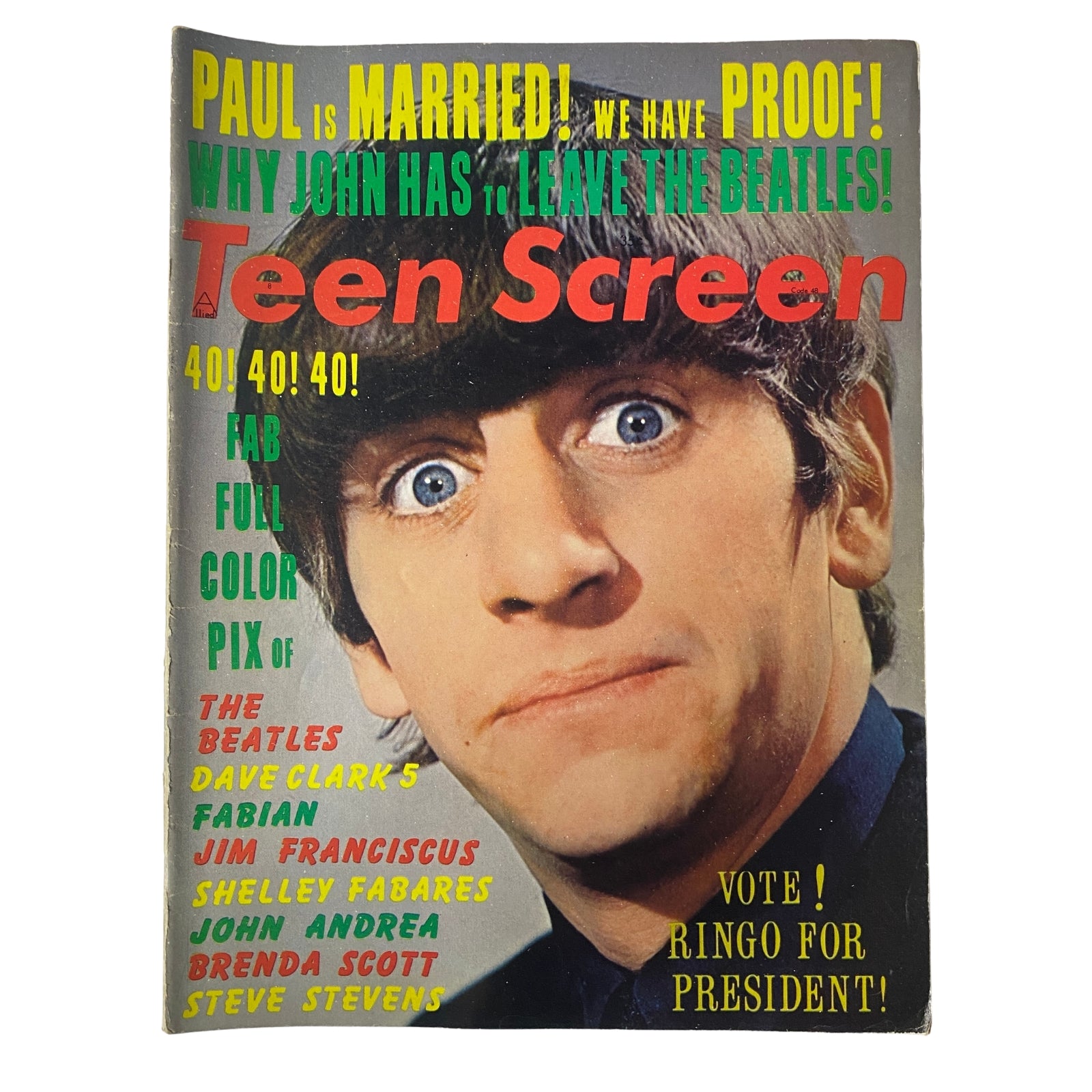 Cover of Teen Screen Magazine August 1964 featuring Ringo Starr among headlines about The Beatles. The cover highlights articles including 'Paul is Married! We Have Proof!' and 'Vote! Ringo for President!'. A nostalgic piece from the height of Beatlemania.