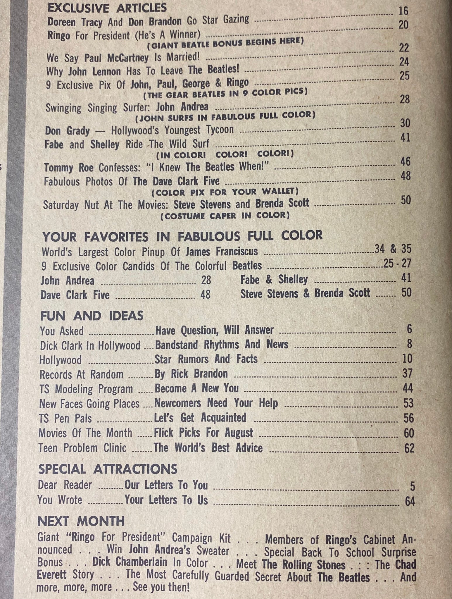Table of Contents from Teen Screen Magazine August 1964 listing exclusive articles featuring Ringo Starr and Beatles coverage, including 'Ringo for President' and '9 Exclusive Pix of John, Paul, George & Ringo'. Highlights the magazine's appeal to fans of 1960s pop culture.