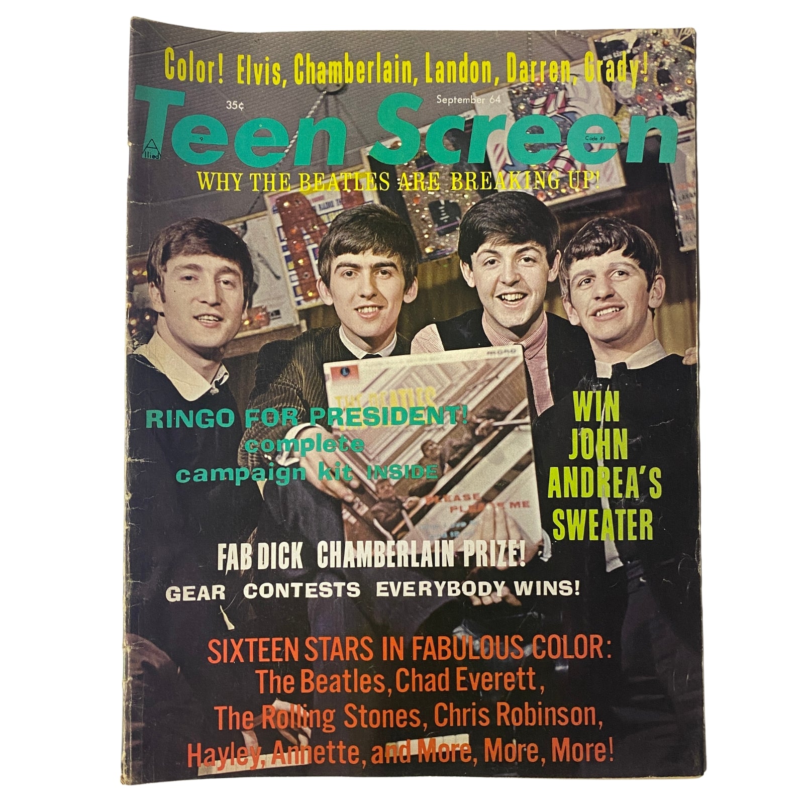 Teen Screen Magazine September 1964 featuring The Beatles on the cover, highlighting articles about the band's rumored breakup, a Ringo for President campaign kit, and vintage celebrity features. Collectible item from the height of Beatlemania.