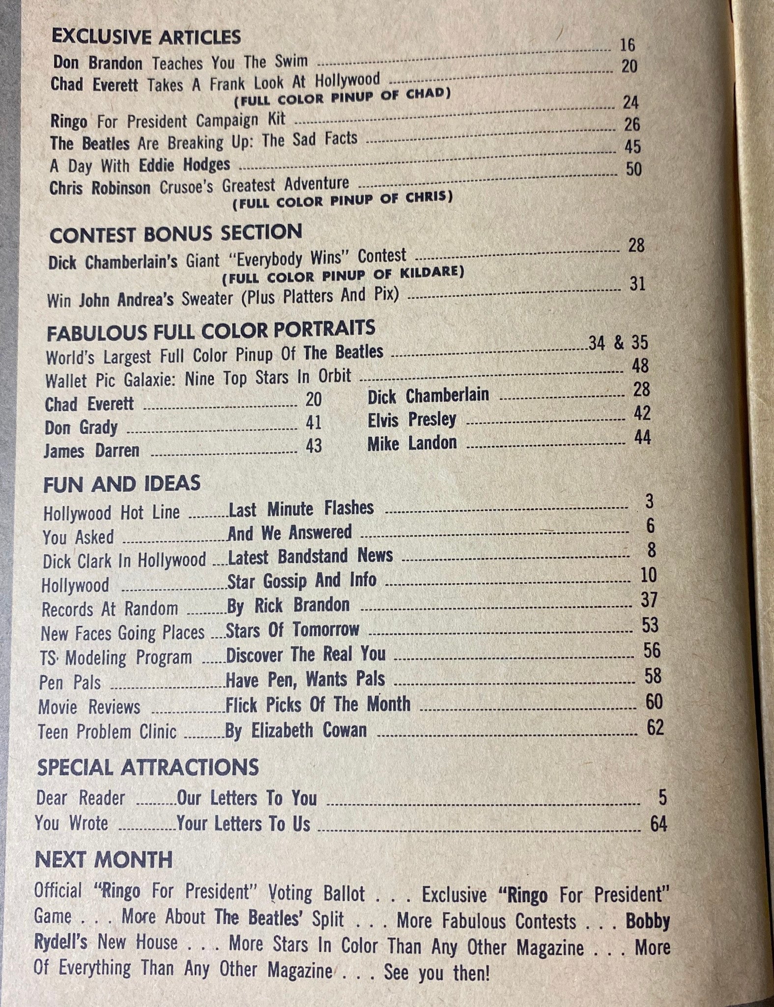 Table of Contents from Teen Screen Magazine September 1964 featuring exclusive articles, contests, and portraits including The Beatles.
